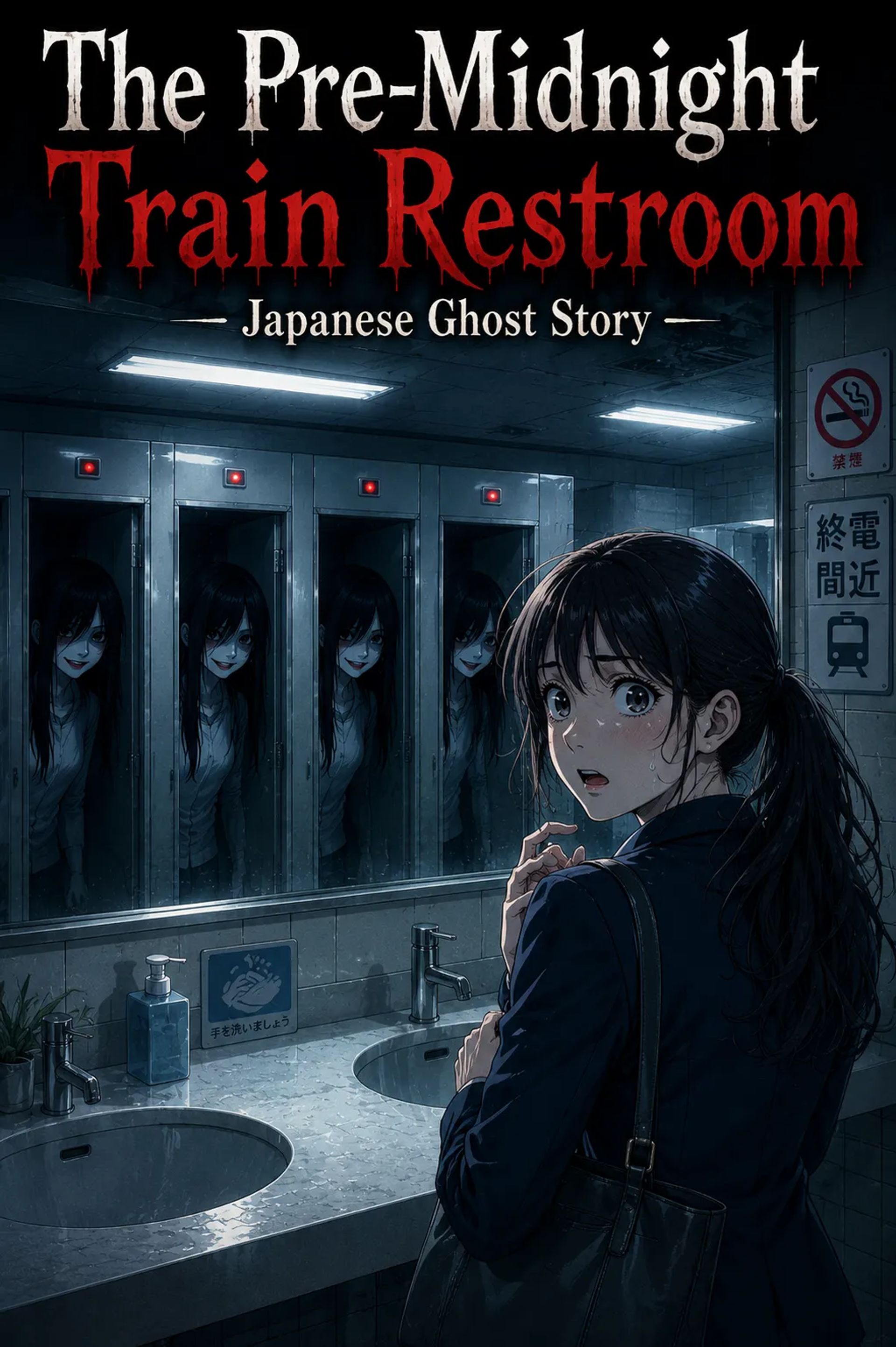 Japanese Ghost Story illustration "title: The Pre-Midnight Train Restroom"