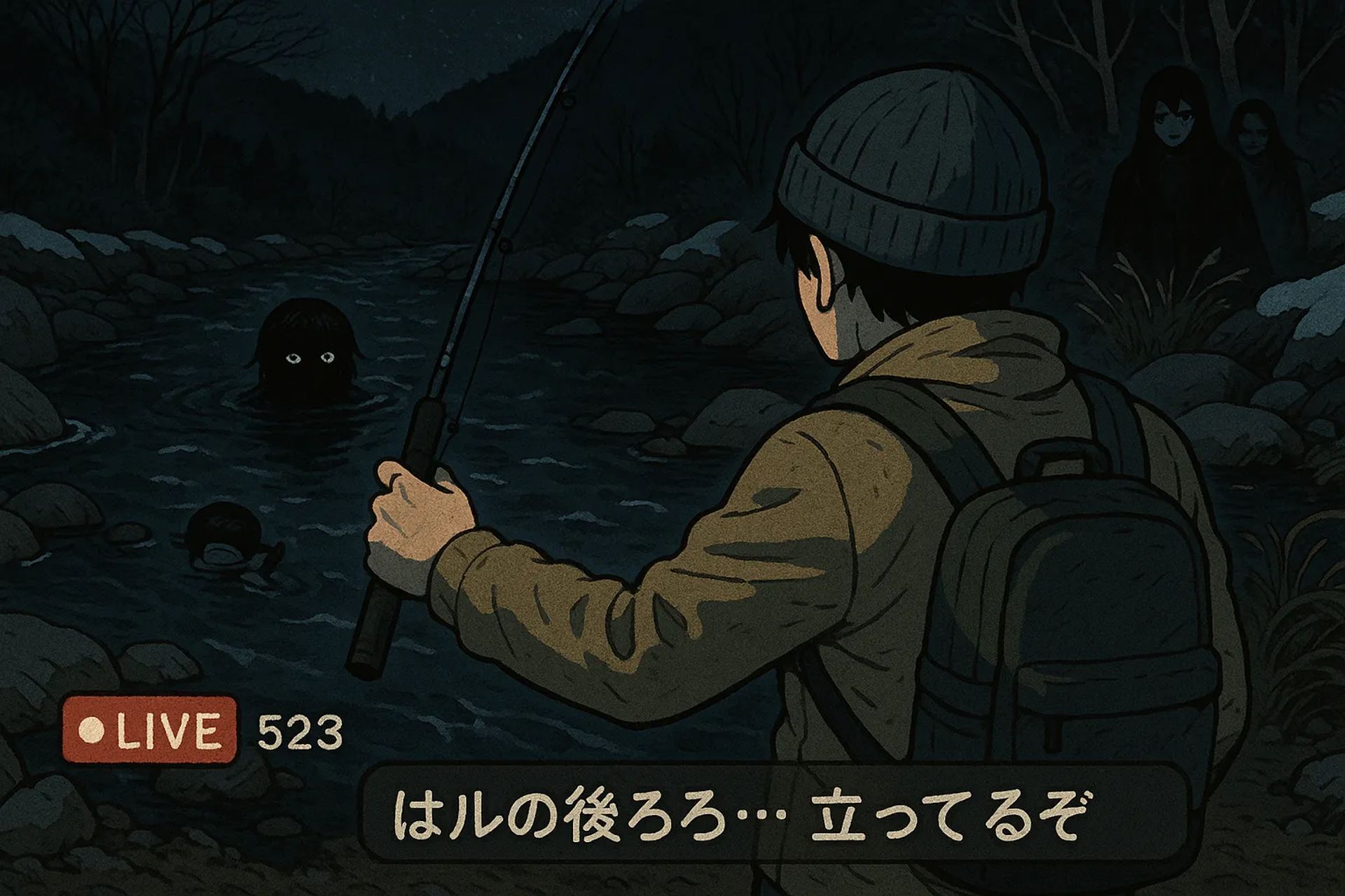 Japanese Ghost Story illustration "title: The Fishing Livestream"