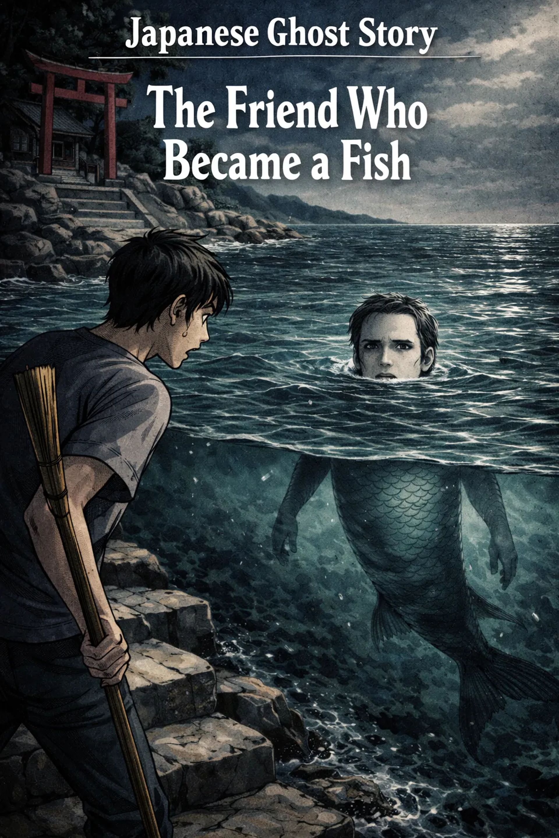 Japanese Ghost Story illustration "title: The Friend Who Became a Fish"
