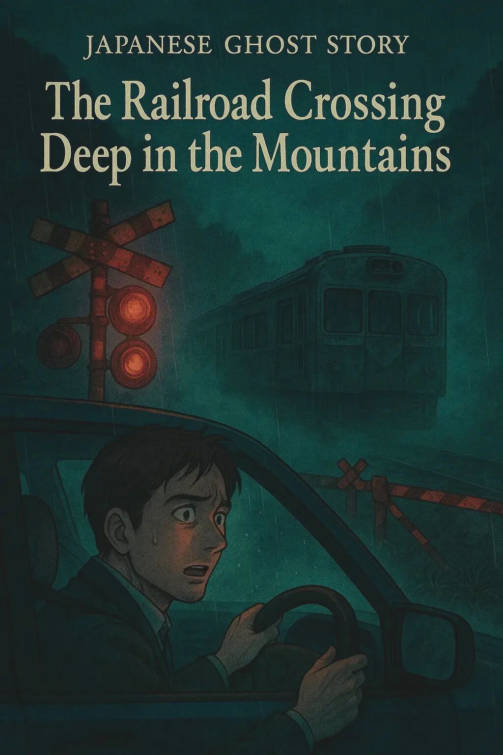 Japanese Ghost Story illustration "title: The Railroad Crossing Deep in the Mountains"