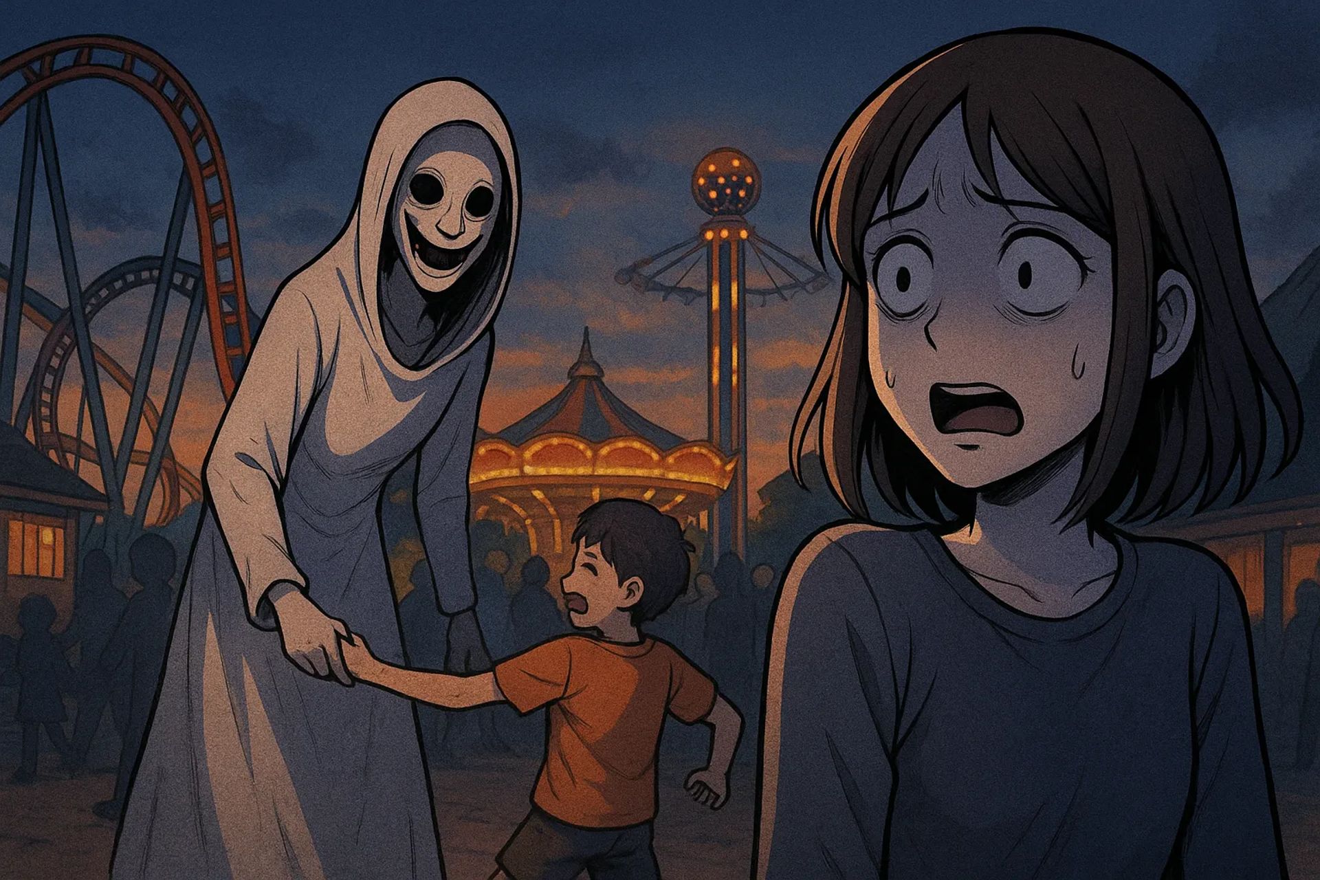 Japanese Ghost Story illustration "title: The Woman Lurking in the Amusement Park"