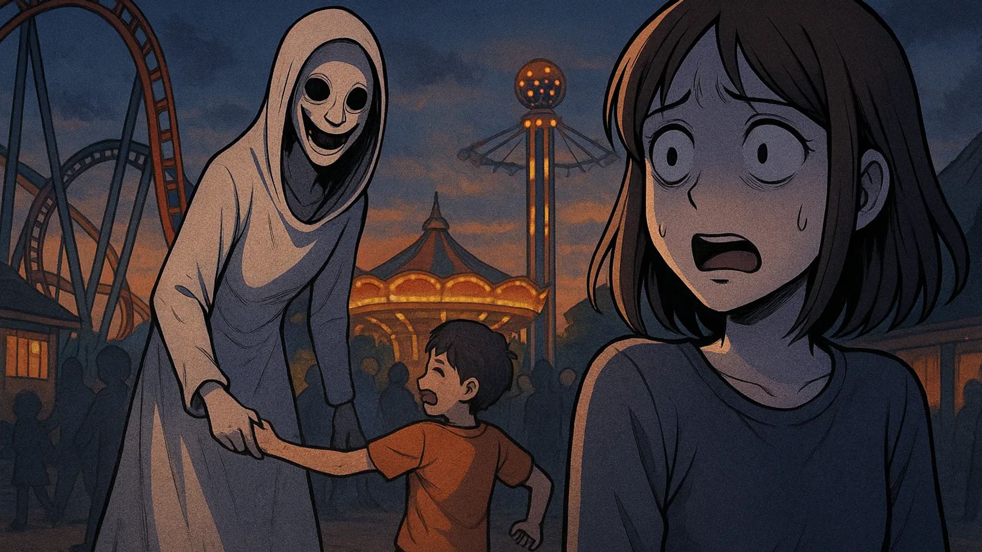 Japanese Ghost Story illustration "title: The Woman Lurking in the Amusement Park"