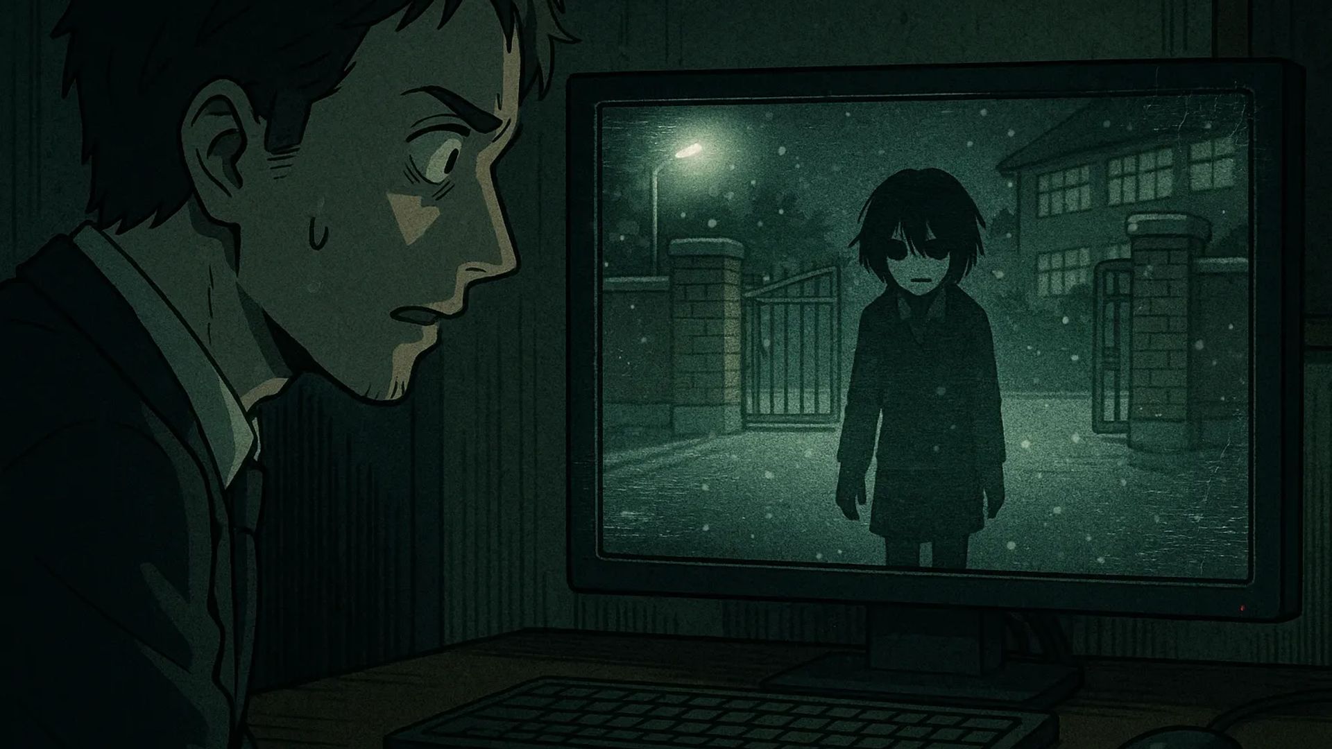 Japanese Ghost Story illustration "title: The Surveillance Camera at the School Gate"