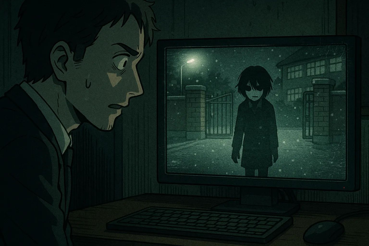 Japanese Ghost Story illustration "title: The Surveillance Camera at the School Gate"