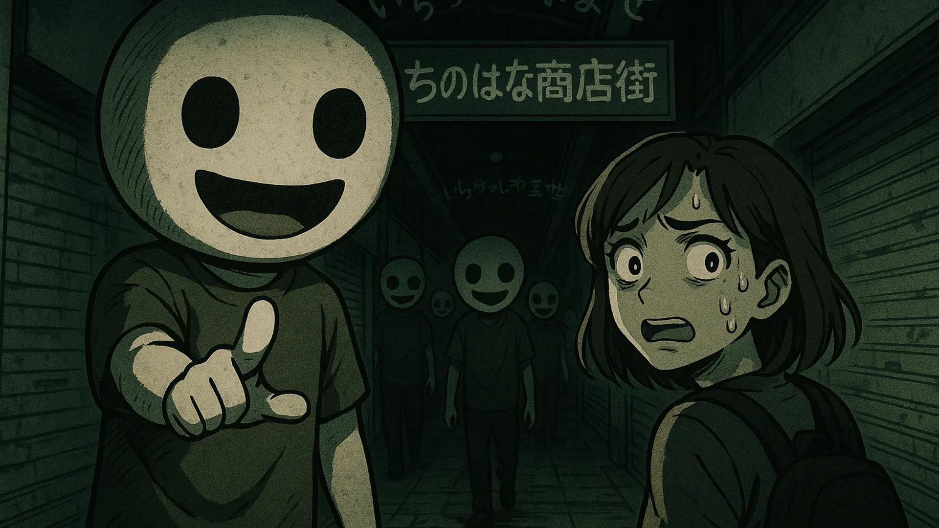 Japanese Ghost Story illustration "title: The Blood Flower Shopping Arcade"