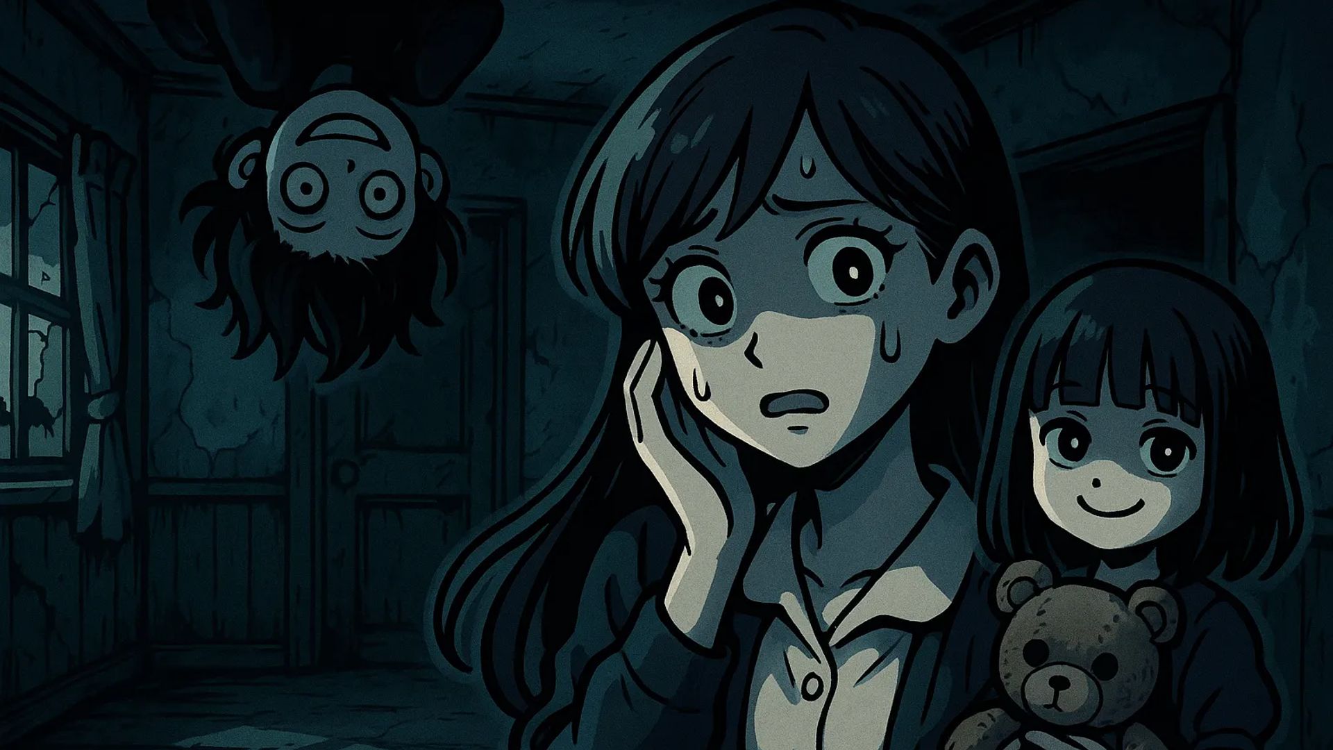 Japanese Ghost Story illustration "title: A Game of Hide-and-Seek in an Empty House"