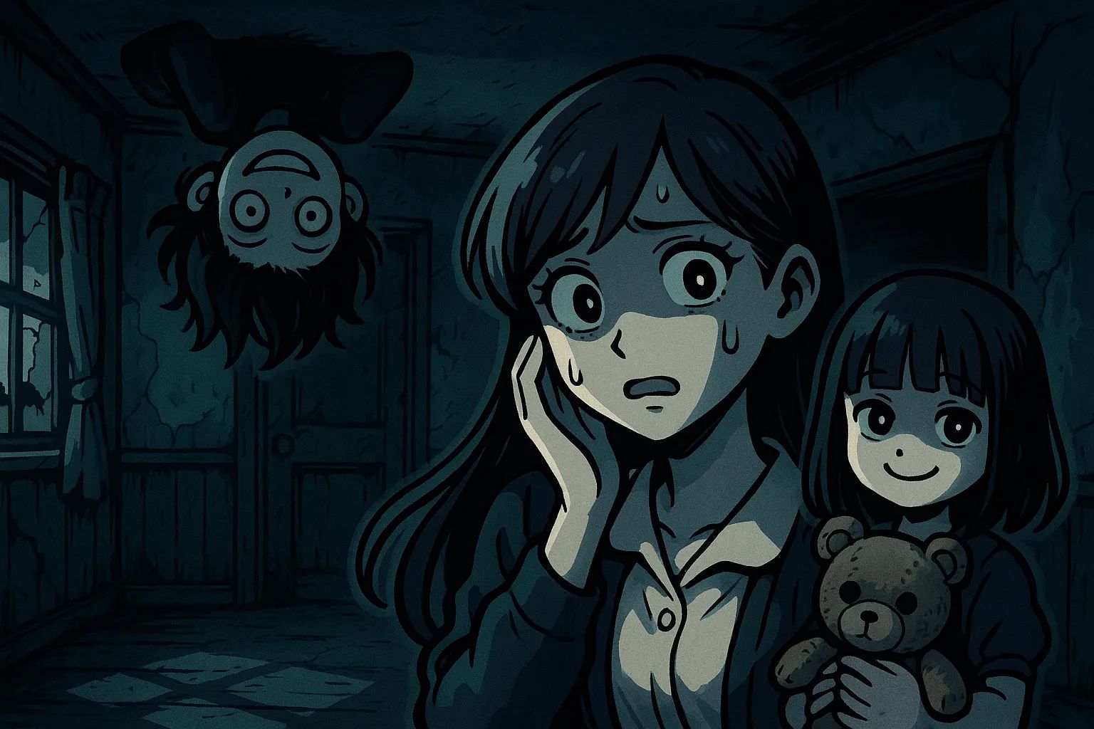 Japanese Ghost Story illustration "title: A Game of Hide-and-Seek in an Empty House"