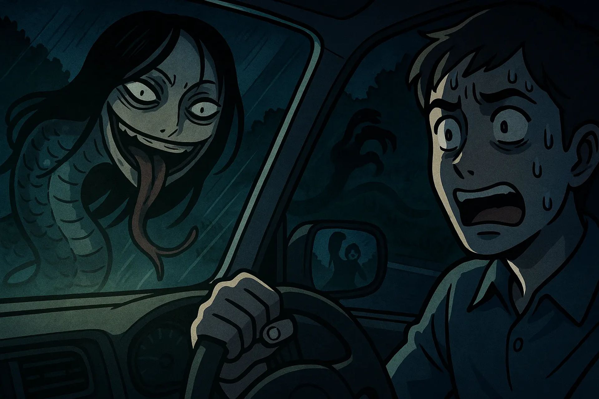 Japanese Ghost Story illustration "title: The Snake Woman of the Mountain Road"