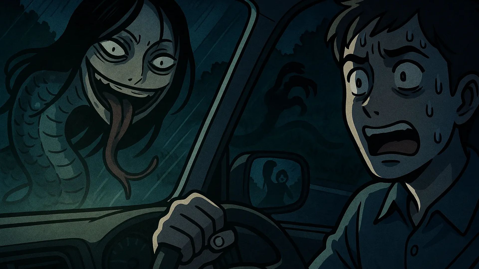 Japanese Ghost Story illustration "title: The Snake Woman of the Mountain Road"