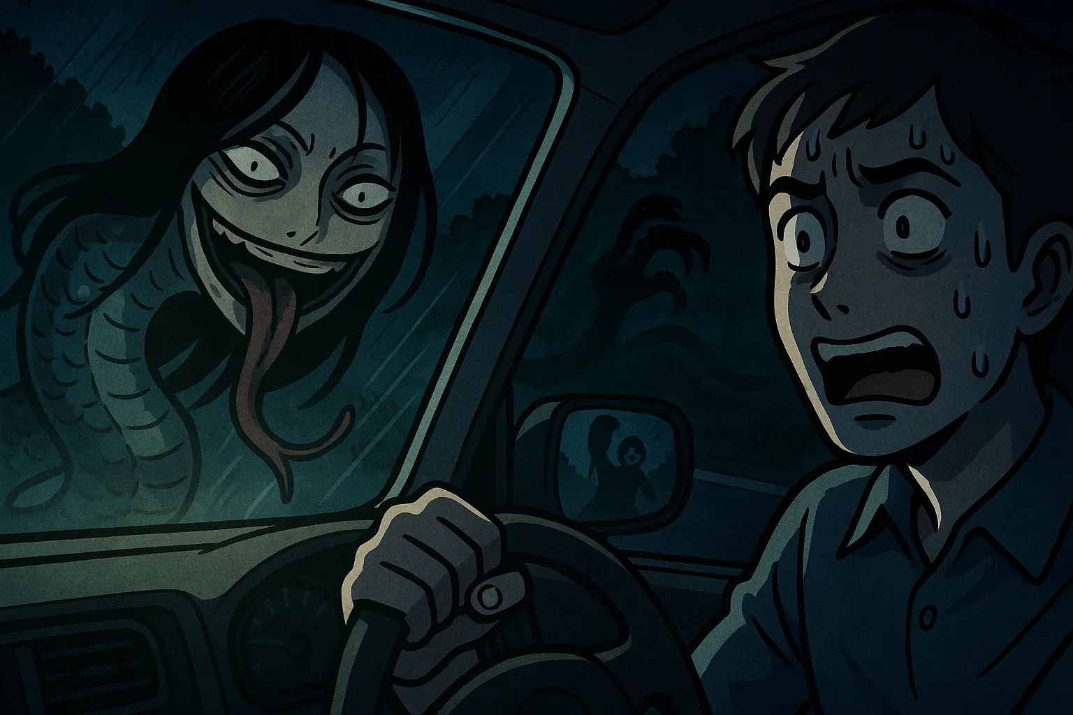 Japanese Ghost Story illustration "title: The Snake Woman of the Mountain Road"