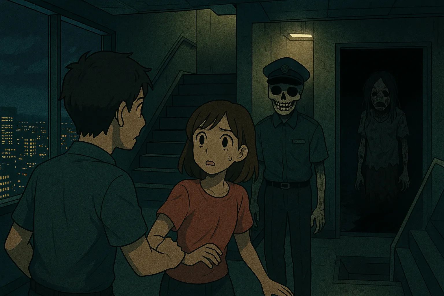 Japanese Ghost Story illustration "title: The Building with the Night View"