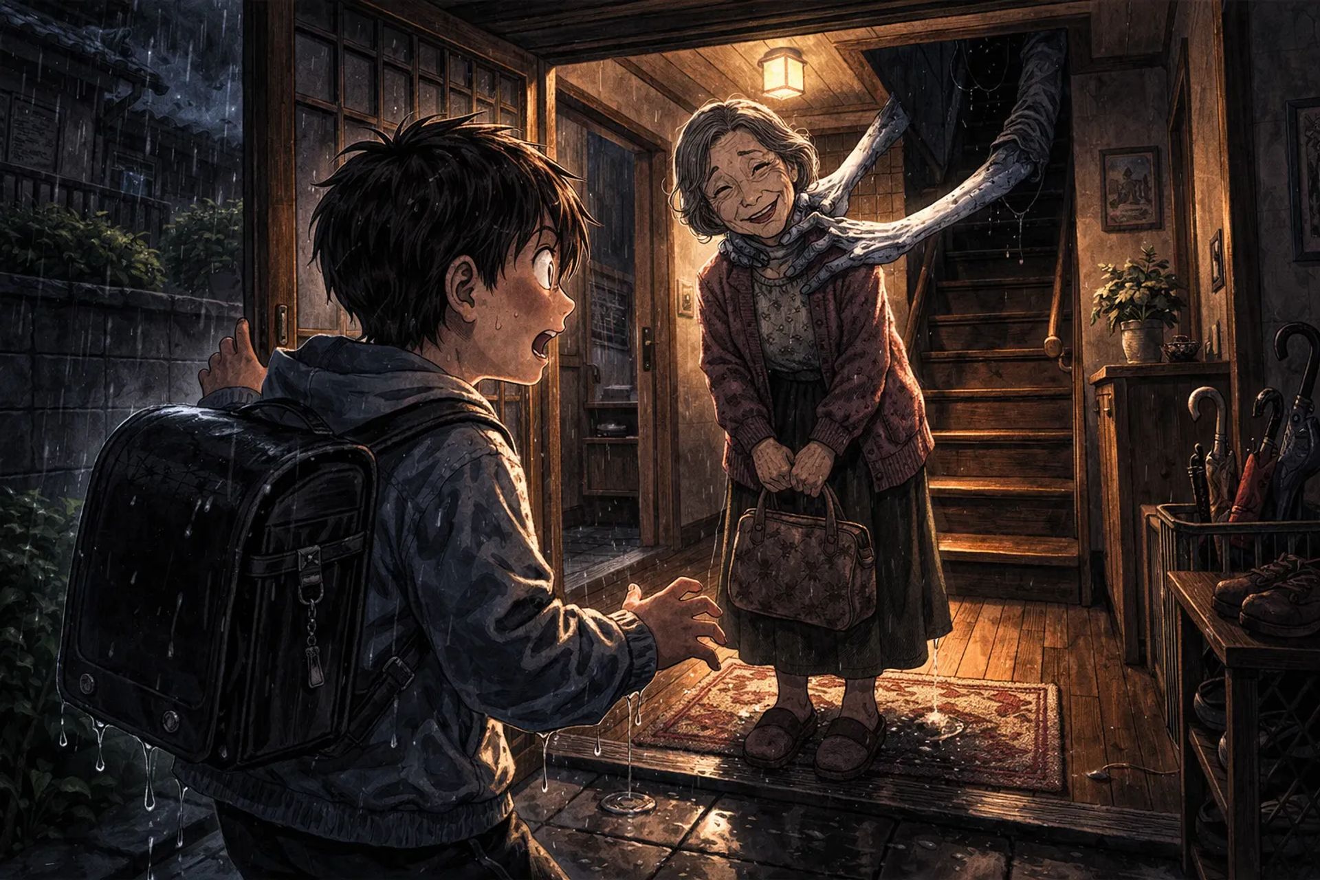 Japanese Ghost Story illustration "title: The Old Woman Next Door"