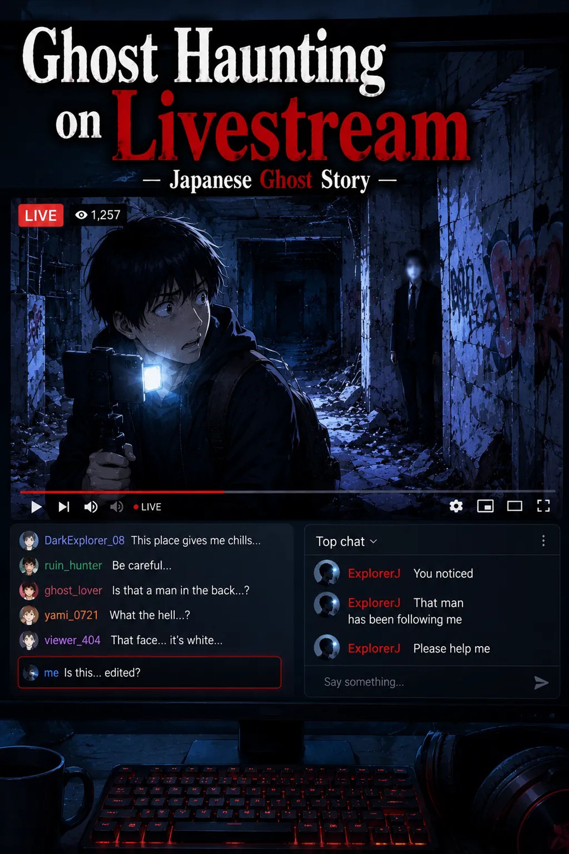 Japanese Ghost Story illustration "title: Ghost Haunting on Livestream"