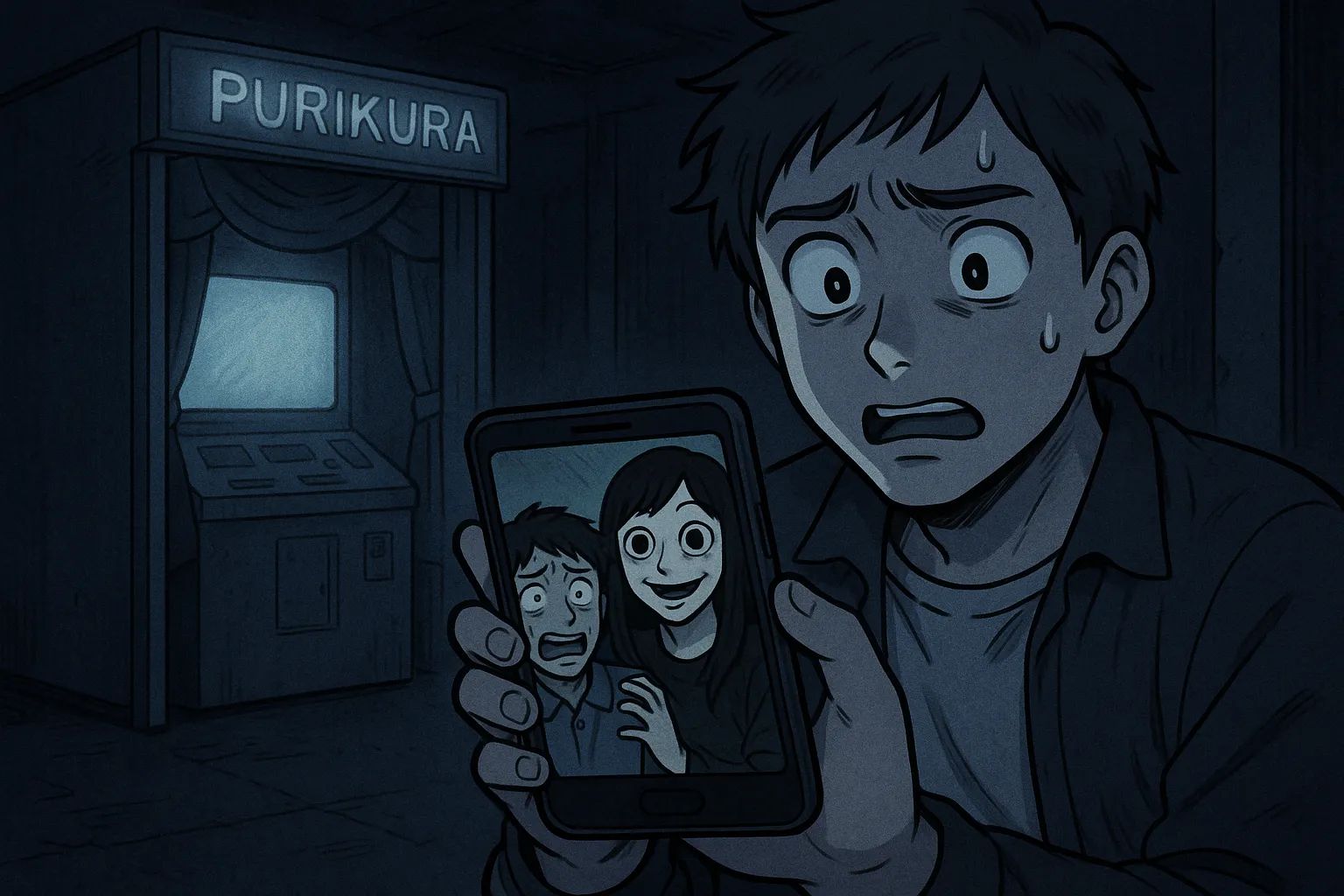 Japanese Ghost Story illustration "title: The Old Purikura Booth"