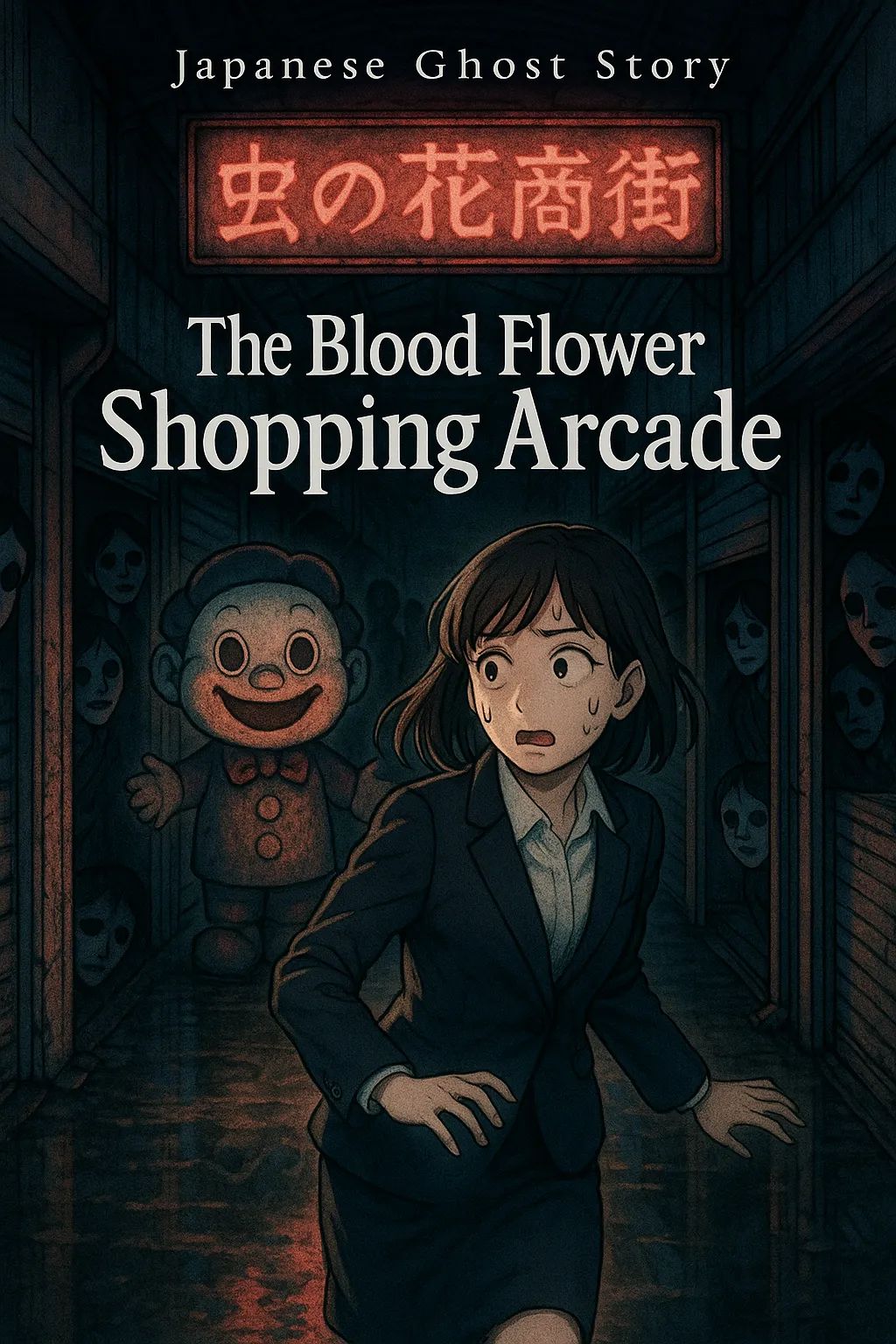 Japanese Ghost Story illustration "title: The Blood Flower Shopping Arcade"