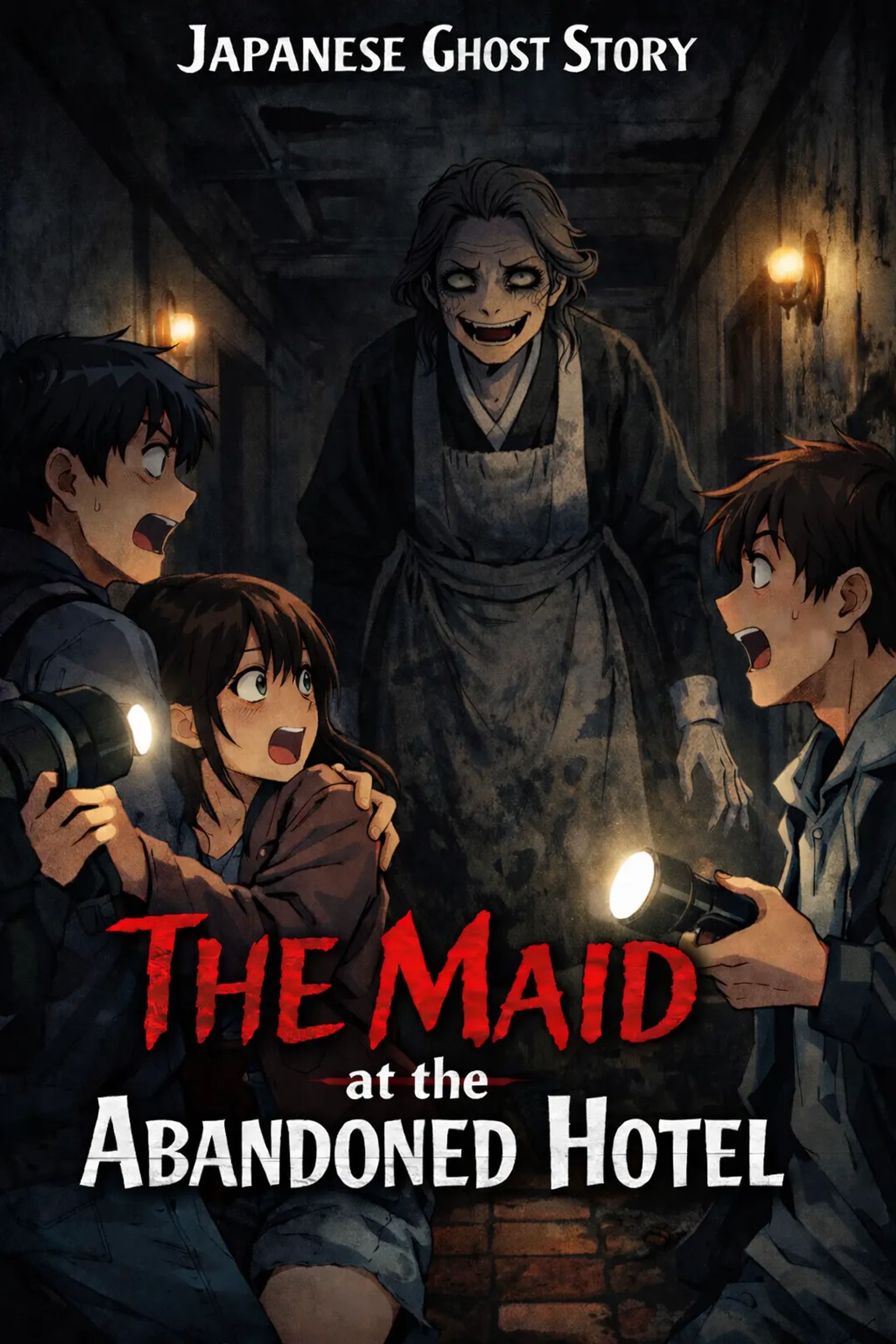 Japanese Ghost Story illustration "title: The Maid at the Abandoned Hotel"
