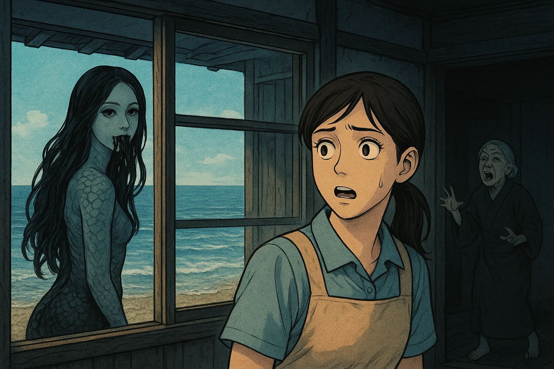 Japanese Ghost Story illustration "title: The House by the Sea"