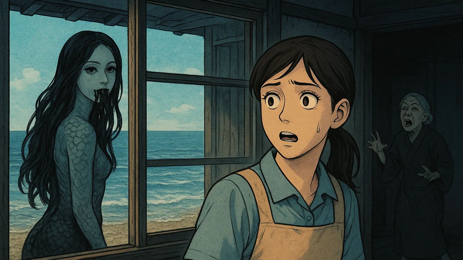 Japanese Ghost Story illustration "title: The House by the Sea"