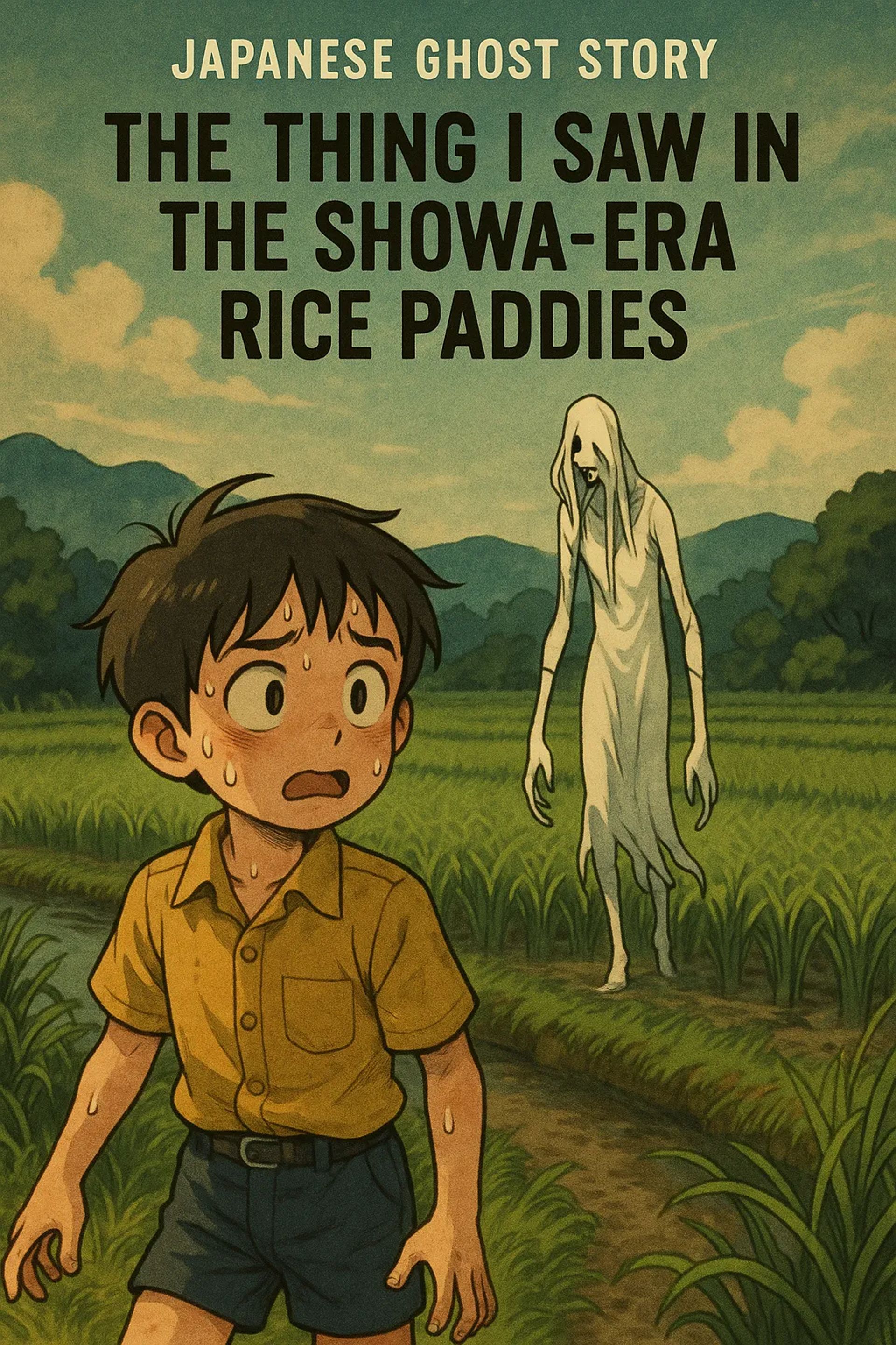 Japanese Ghost Story illustration "title: The Thing I Saw in the Showa-Era Rice Paddies"