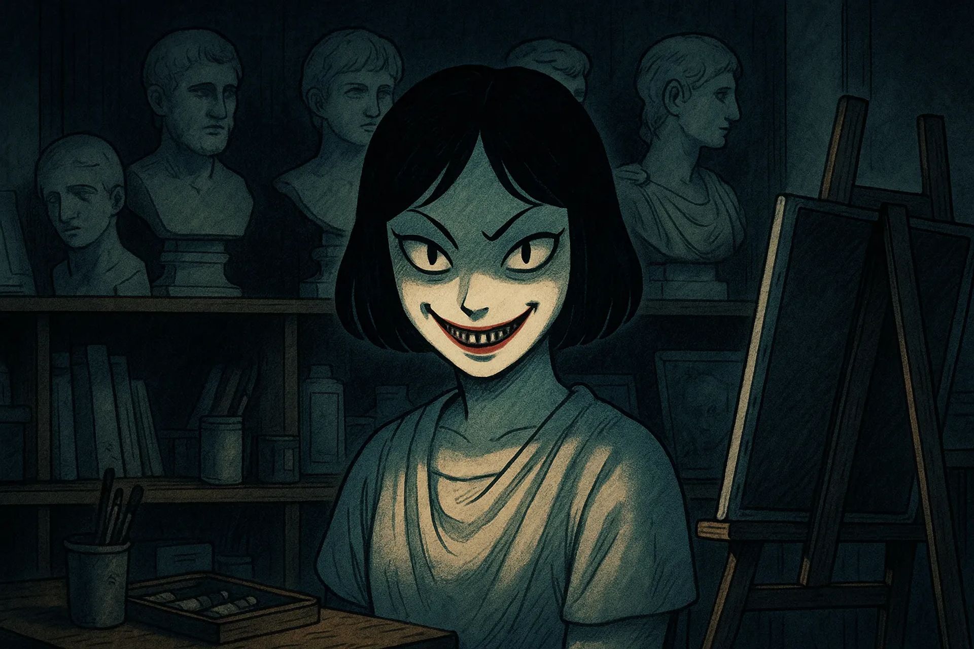 Japanese Ghost Story illustration "title: The Machiko of the Art Room"