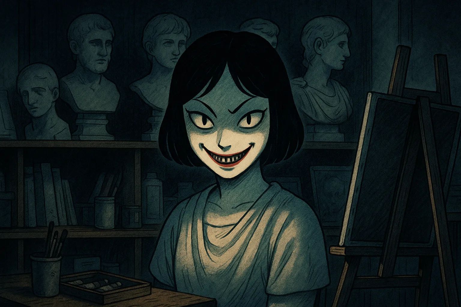 Japanese Ghost Story illustration "title: The Machiko of the Art Room"