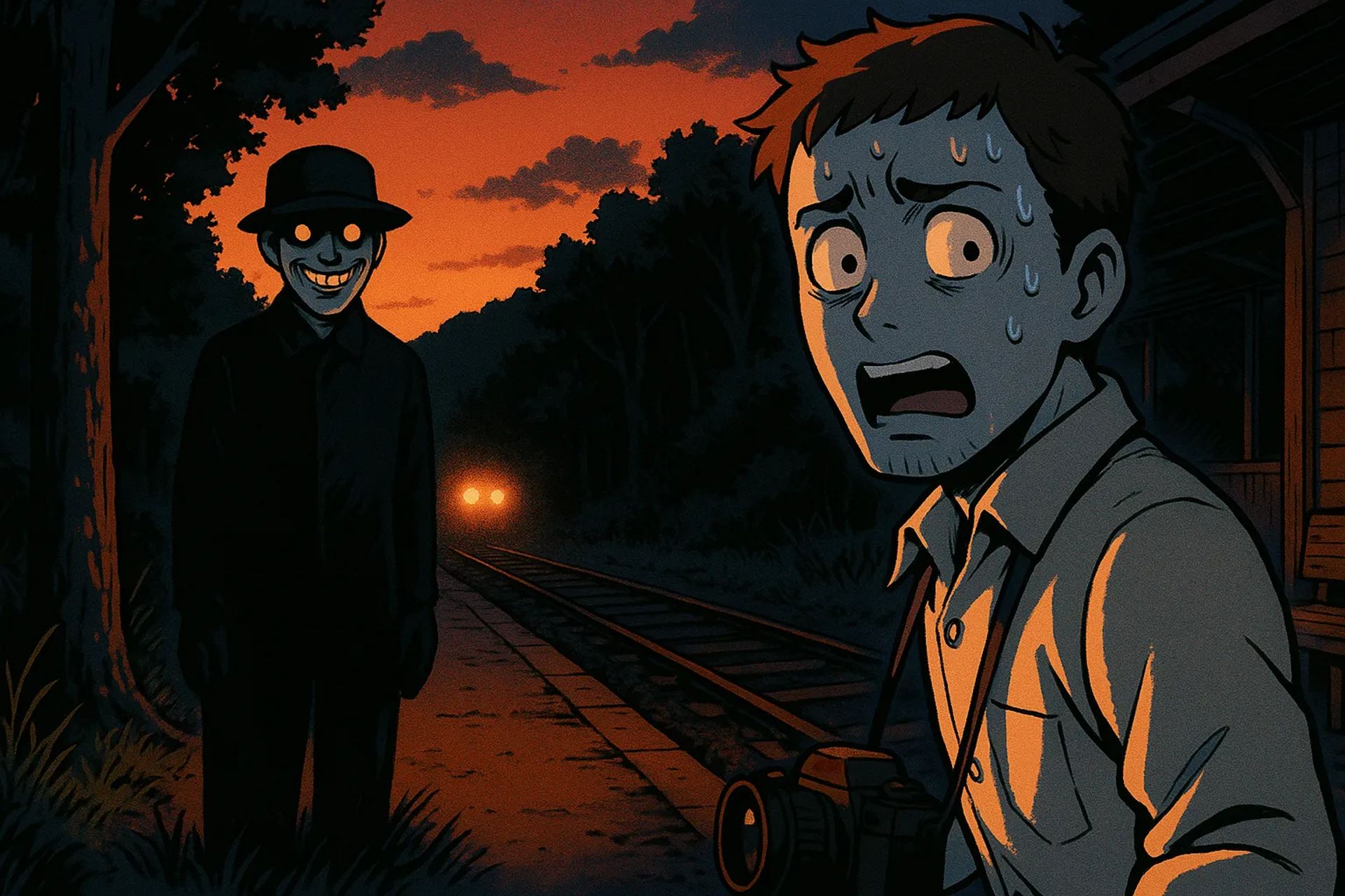 Japanese Ghost Story illustration "title: The Shadow at the Unmanned Station"