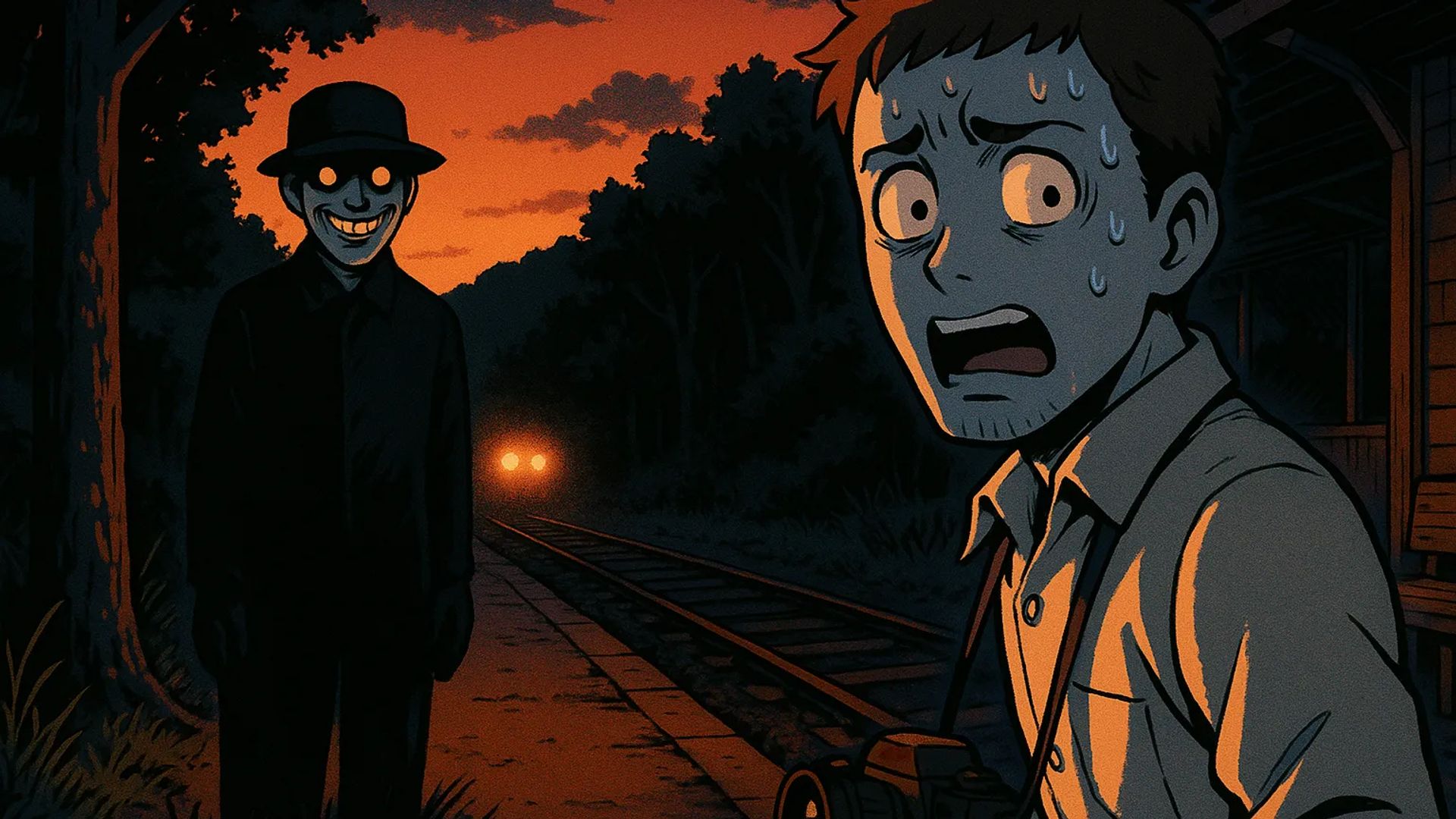 Japanese Ghost Story illustration "title: The Shadow at the Unmanned Station"