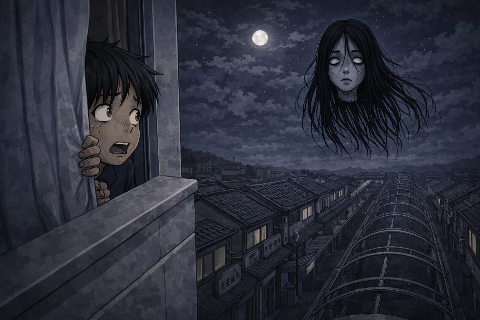 Japanese Ghost Story illustration "title: The Hidden Passage Back in the Showa era, my family ran a shop in a shopping street. Above the arcade roof, there was a narrow passage only locals knew about. As kids, we would sneak out at night and walk across it. The street below would be dark and quiet, completely different from the daytime. The Floating Head One night, I saw something floating above the roof. At first, I thought it was a bag. But it was a woman’s head. Her long hair hung down, almost touching the ground. It drifted slowly. Then it came to my window and knocked. I hid under my blanket until morning. A Shared Sight The next day, my friend said, “I’ve seen it too.” Apparently, it appeared sometimes at night. We stopped going up there. Trapped An older man from the shopping street decided to check. He climbed up at night. Then he stopped and said, “It’s there.” He led it carefully toward an abandoned shop and forced it inside. After that, it never appeared above the arcade again. Not Gone But that empty shop never kept tenants for long. Every time, they said the same thing. “At night, a woman’s head flies around inside.”"