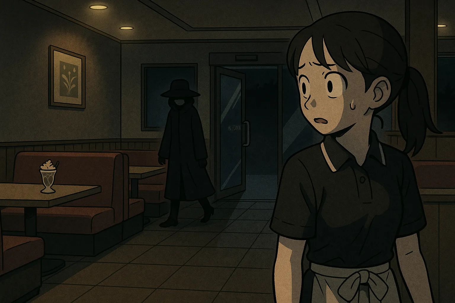 Japanese Ghost Story illustration "title: The Strange Late-Night Customer"