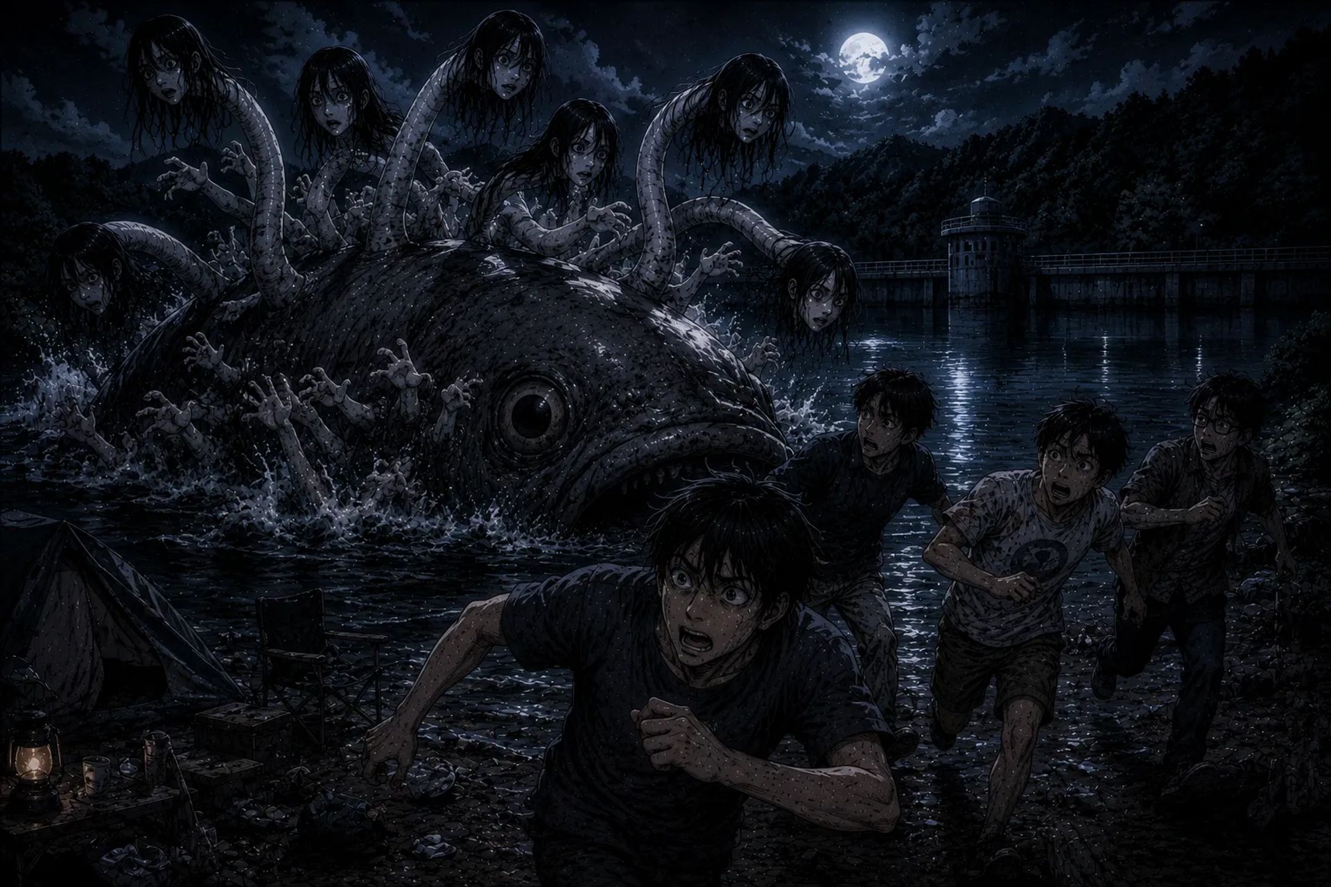 Japanese Ghost Story illustration "title: The White Things in the Lake"