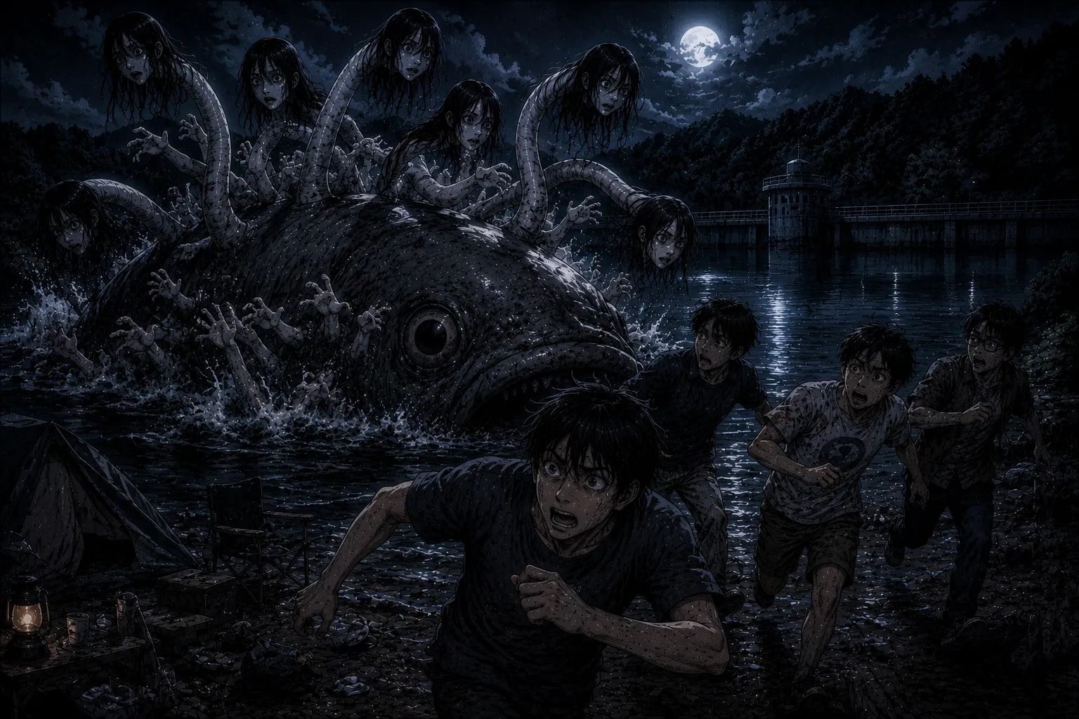 Japanese Ghost Story illustration "title: The White Things in the Lake"