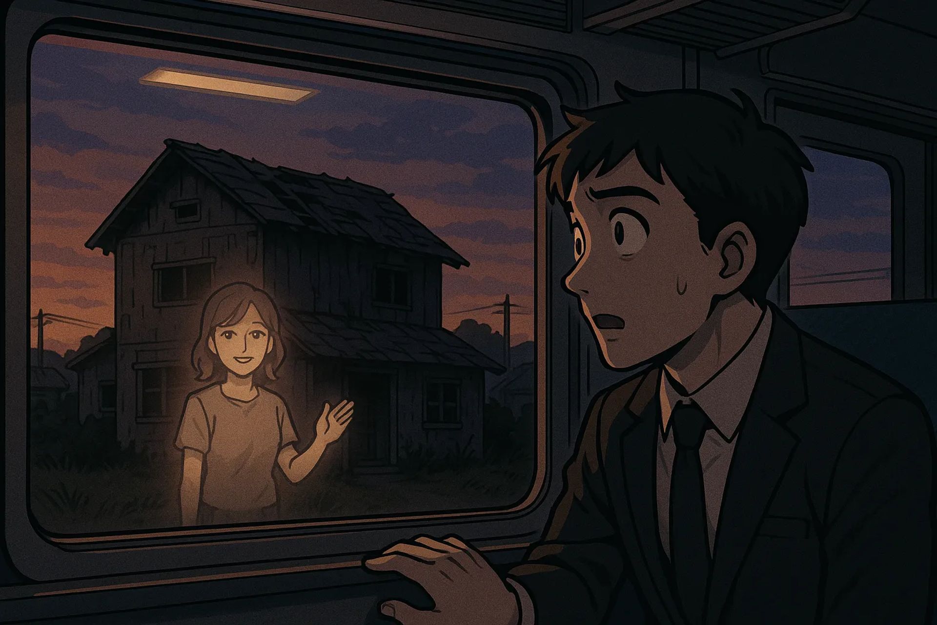 Japanese Ghost Story illustration "title: The House Seen from the Train"