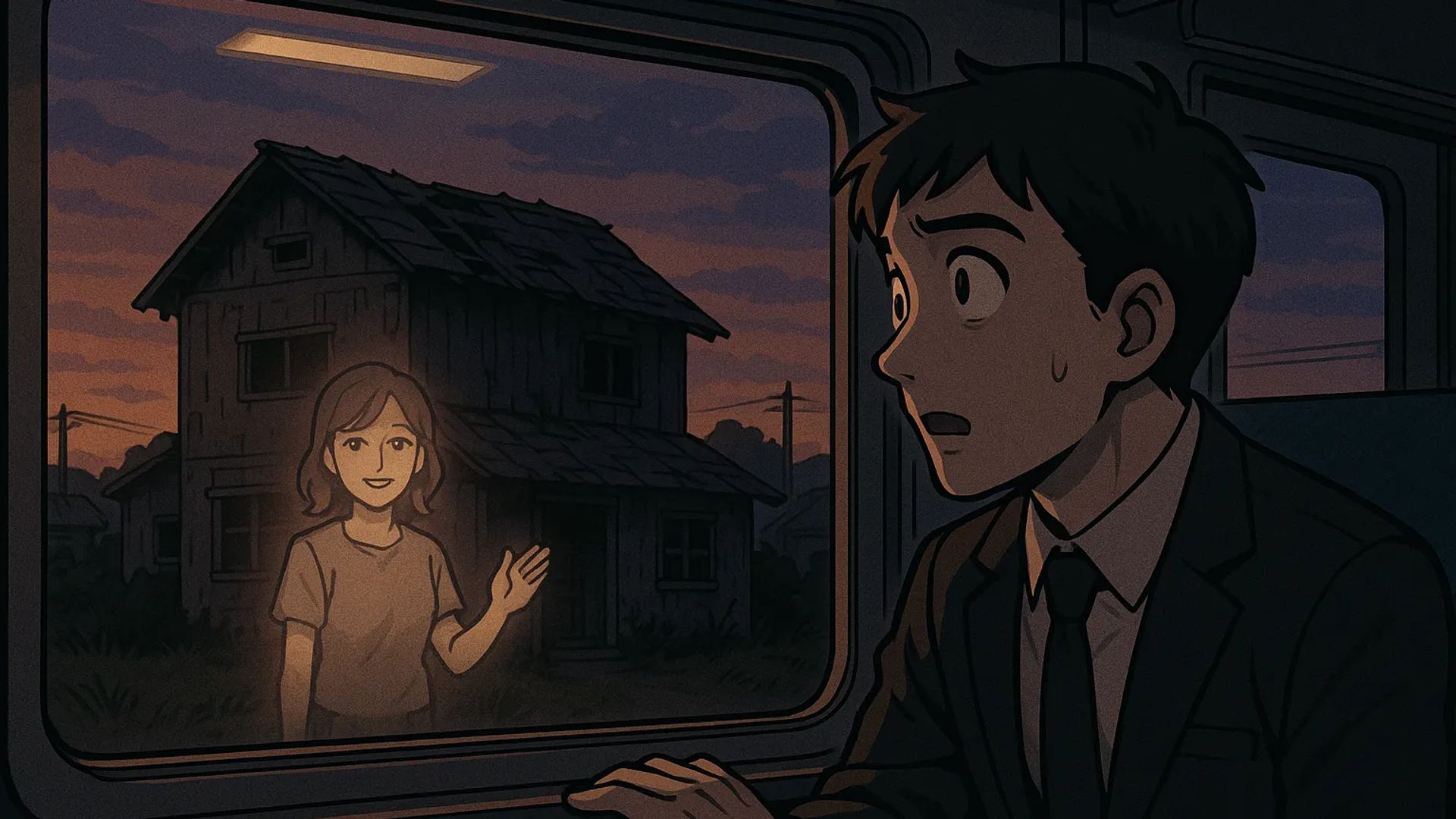 Japanese Ghost Story illustration "title: The House Seen from the Train"