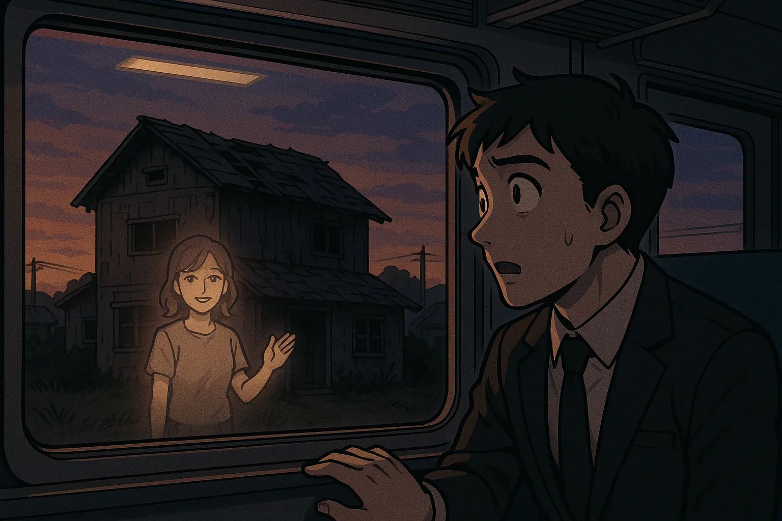 Japanese Ghost Story illustration "title: The House Seen from the Train"