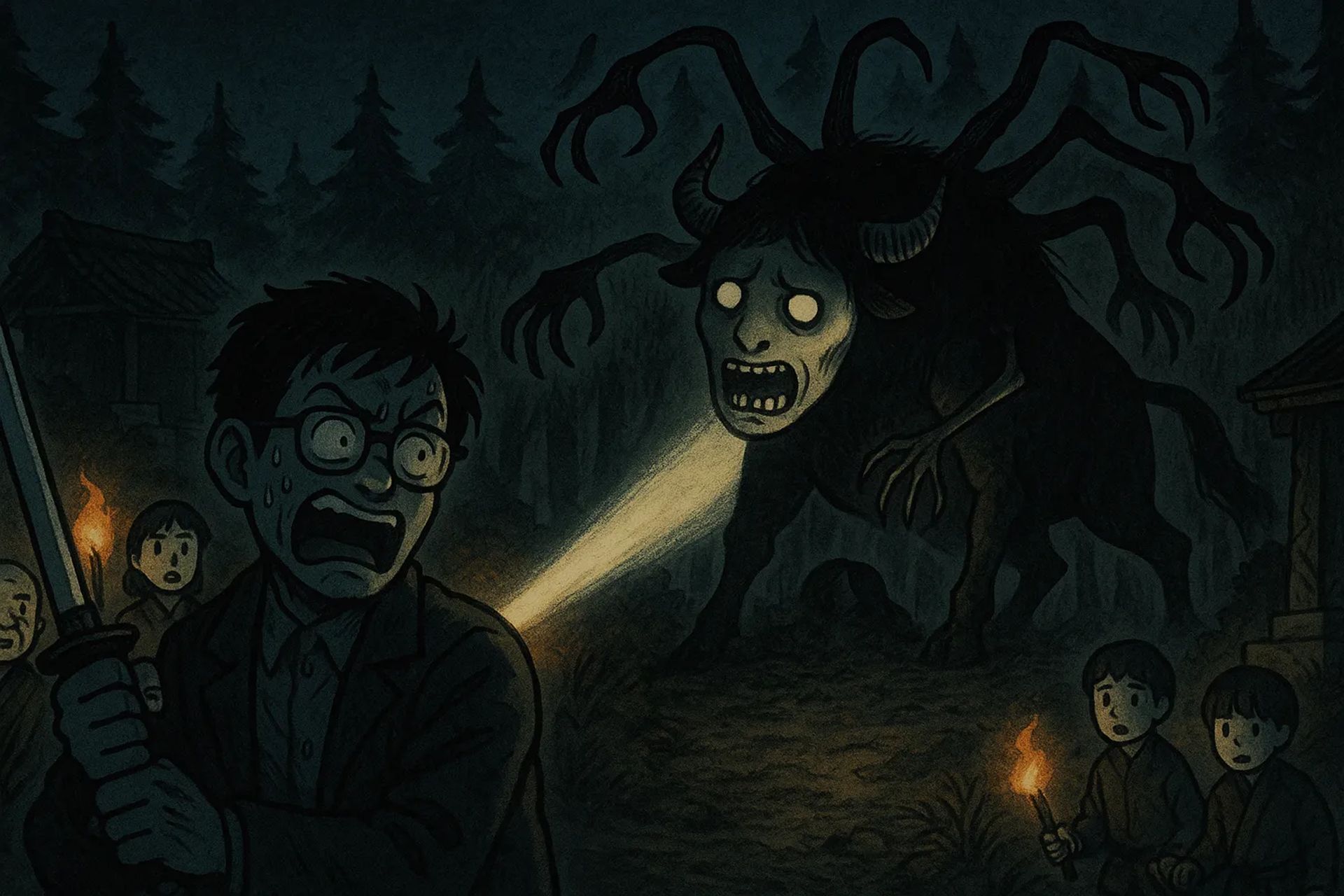 Japanese Ghost Story illustration "title: Exorcising the Ushi-Oni"