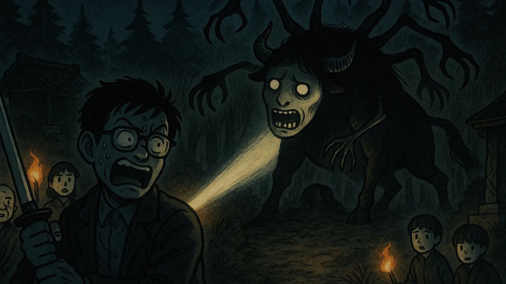 Japanese Ghost Story illustration "title: Exorcising the Ushi-Oni"