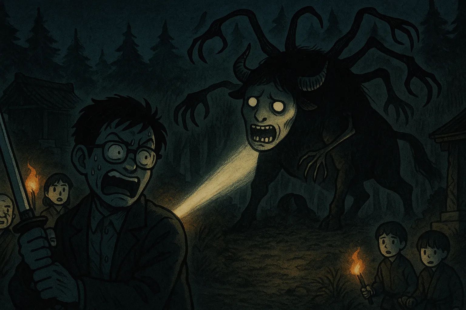 Japanese Ghost Story illustration "title: Exorcising the Ushi-Oni"