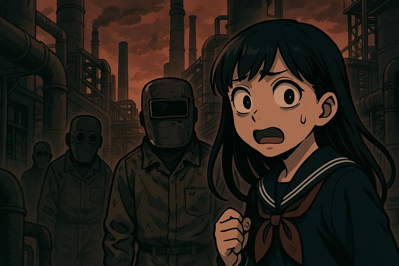 Japanese Ghost Story illustration "title: Unknown Industrial Zone"