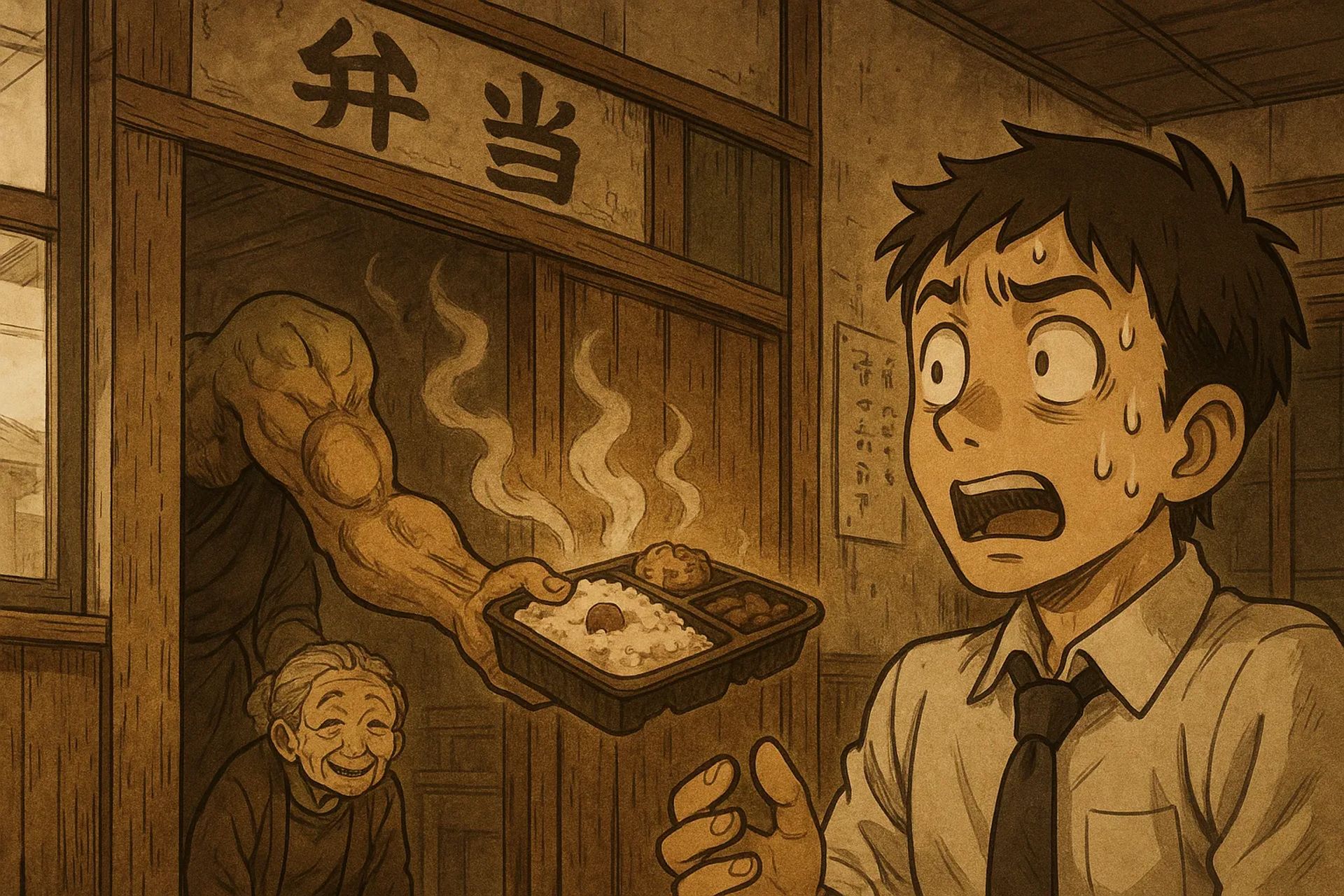 Japanese Ghost Story illustration "title: The Deserted Bento Shop"