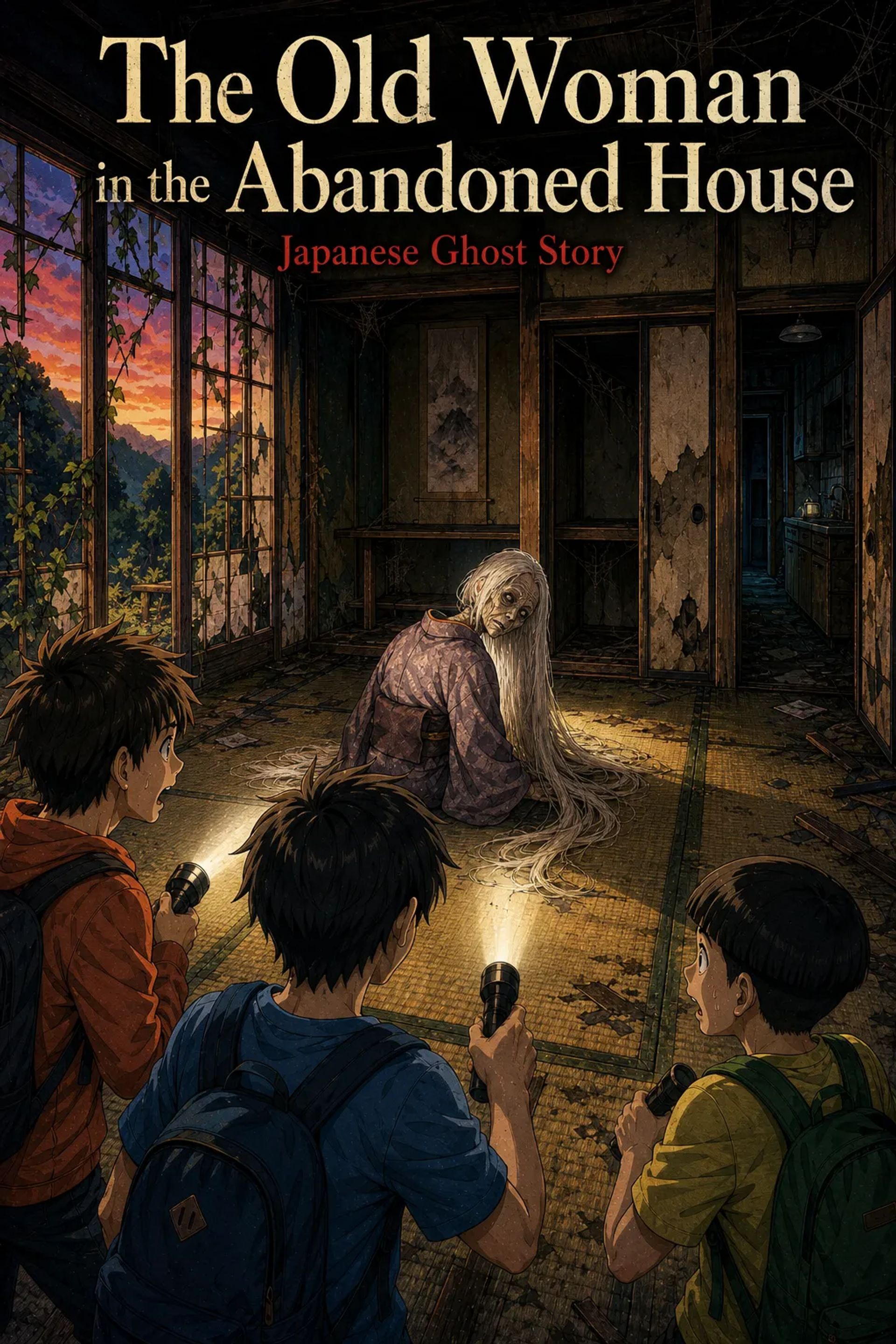 Japanese Ghost Story illustration "title: The Old Woman in the Abandoned House"