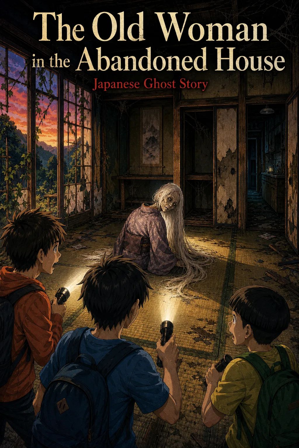 Japanese Ghost Story illustration "title: The Old Woman in the Abandoned House"
