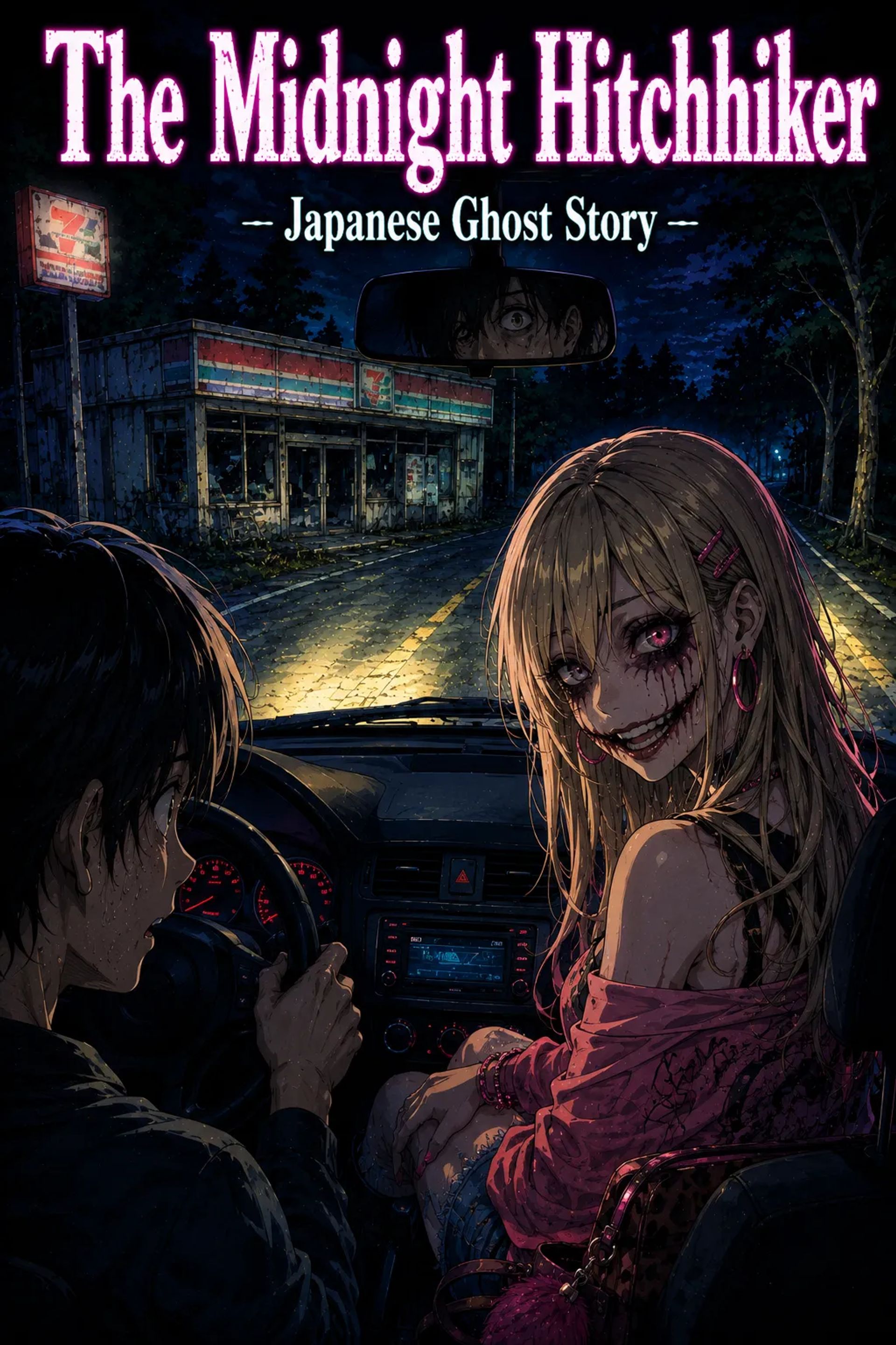 Japanese Ghost Story illustration "title: The Midnight Hitchhiker"