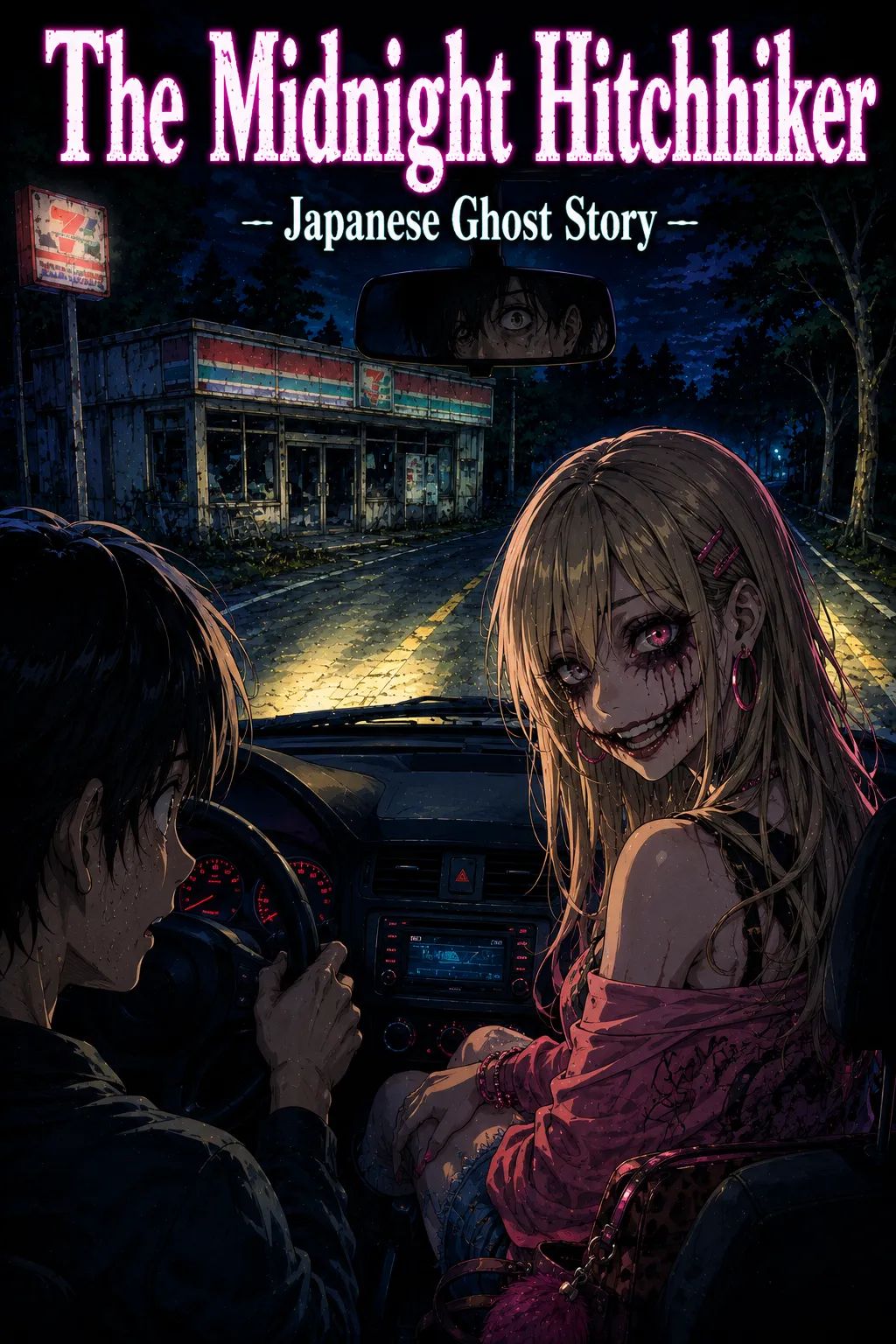 Japanese Ghost Story illustration "title: The Midnight Hitchhiker"