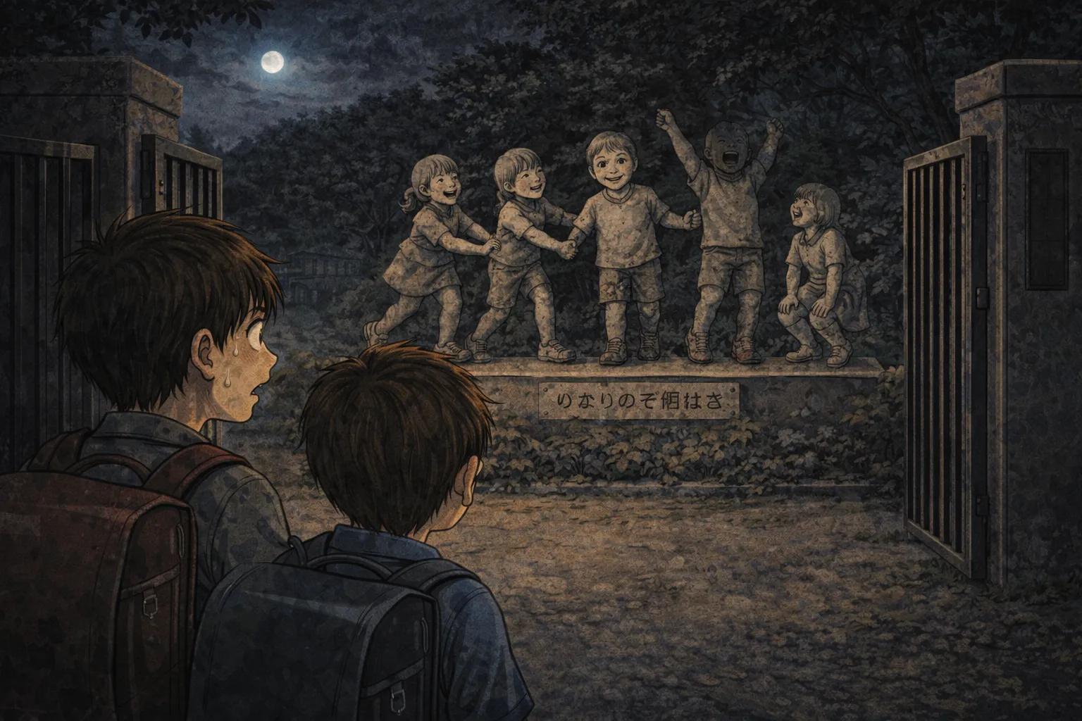 Japanese Ghost Story illustration "title: 遊ぶ石像の噂"