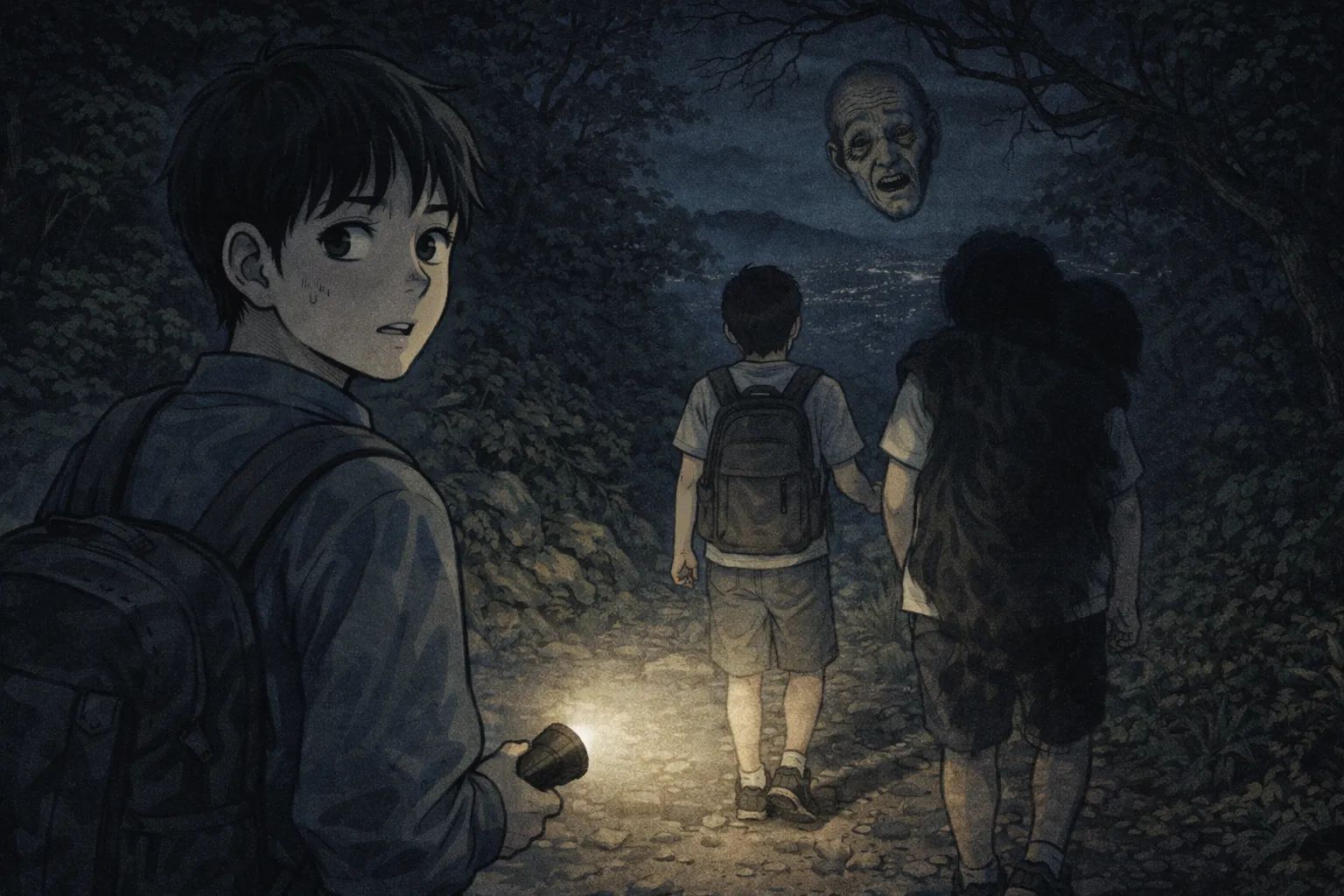 Japanese Ghost Story illustration "title: The Mountain Trail at Night"