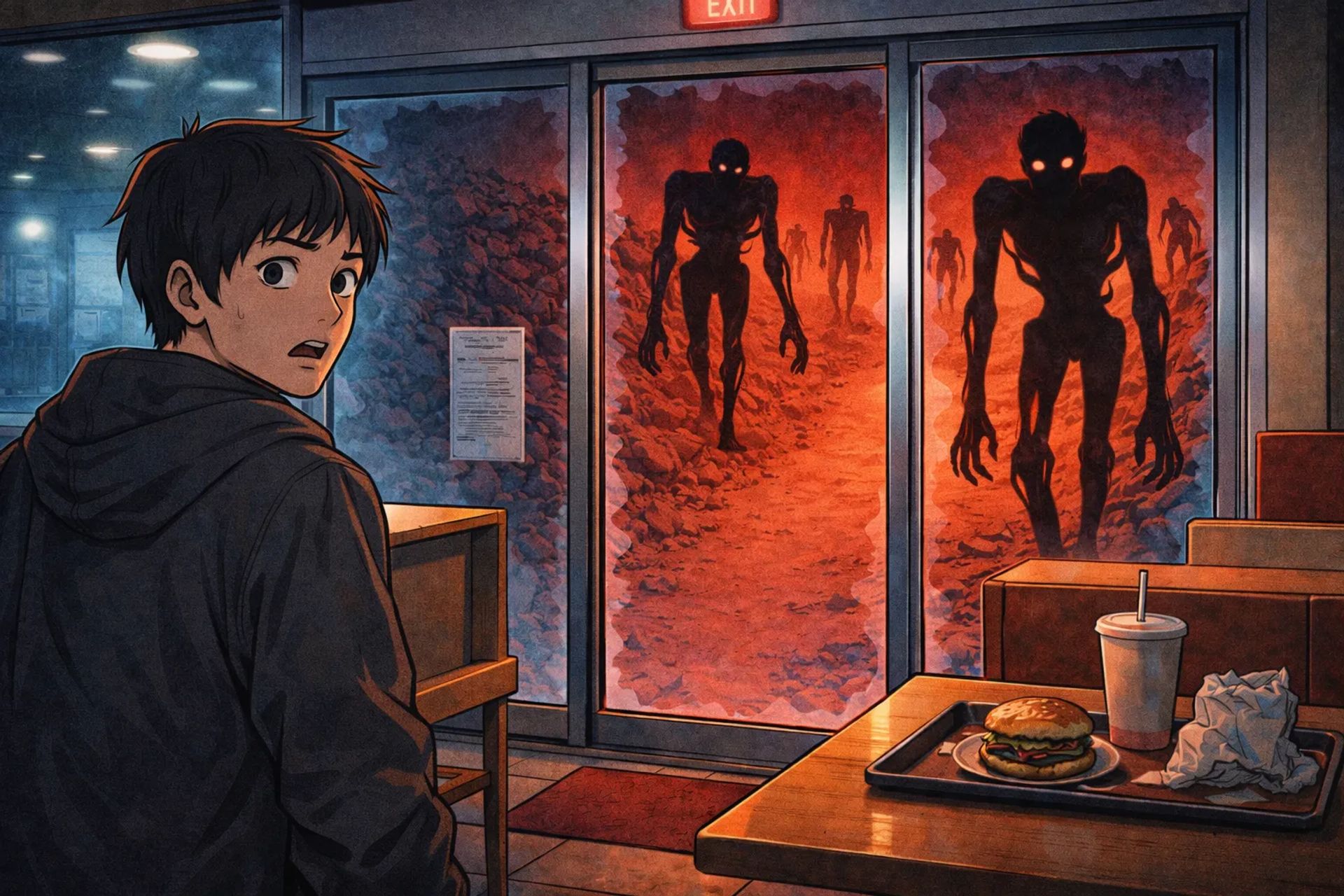 Japanese Ghost Story illustration "title: Fast food Restaurant Door"