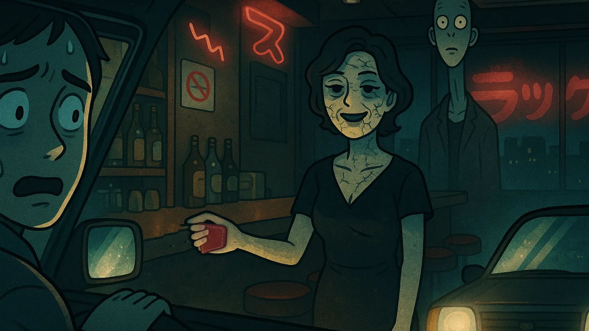 Japanese Ghost Story illustration "title: The Call from the Snack Bar"