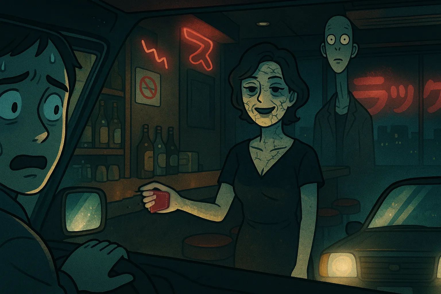 Japanese Ghost Story illustration "title: The Call from the Snack Bar"