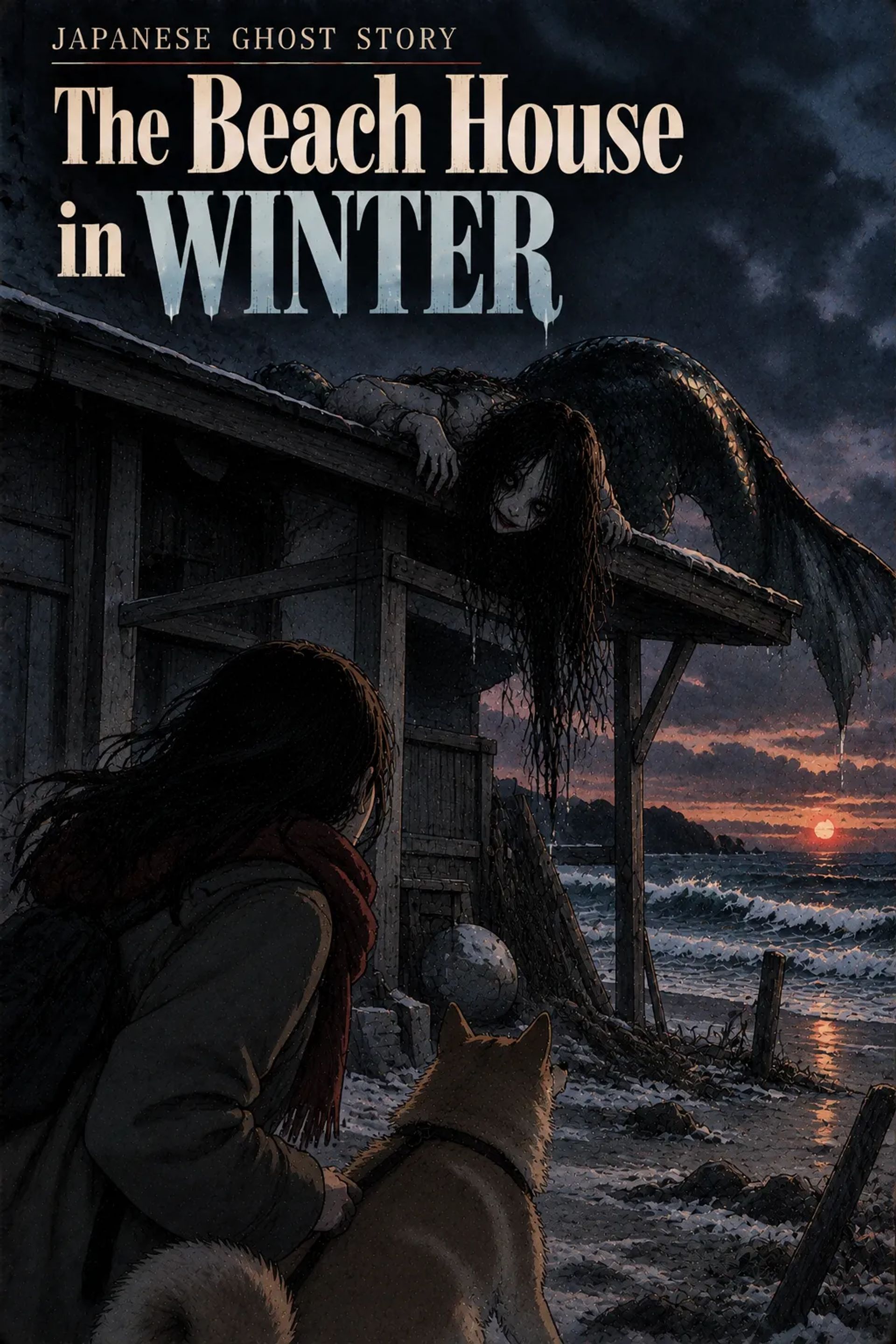 Japanese Ghost Story illustration "title: The Beach House in Winter"