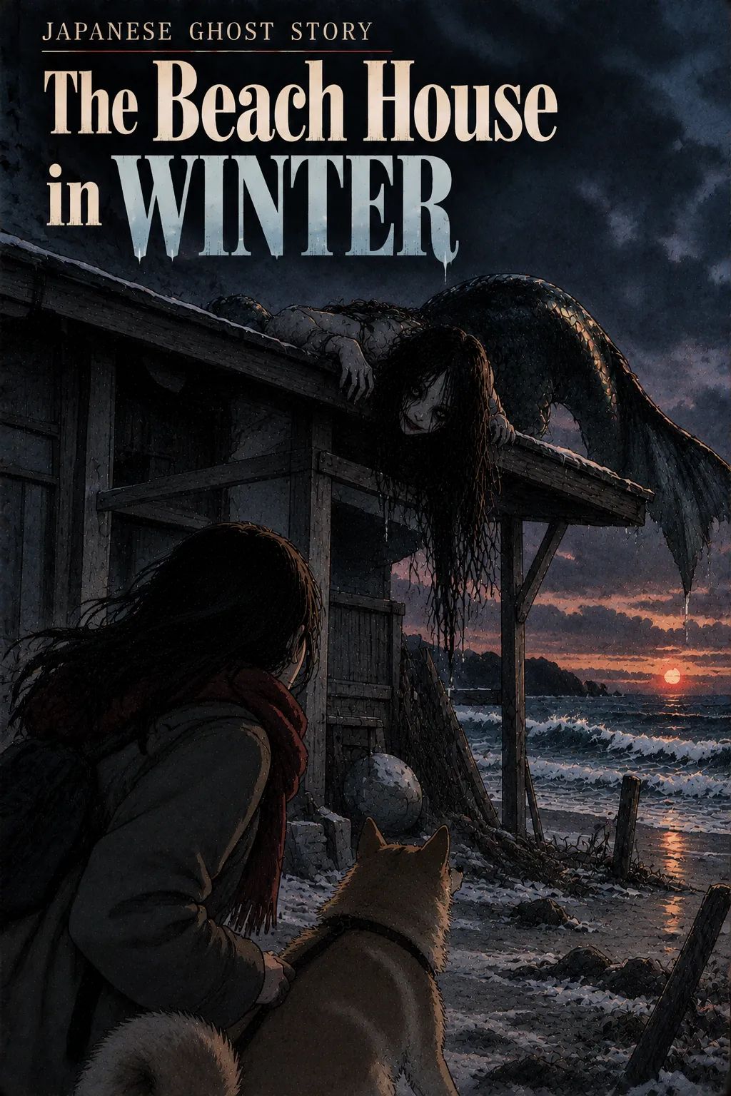 Japanese Ghost Story illustration "title: The Beach House in Winter"